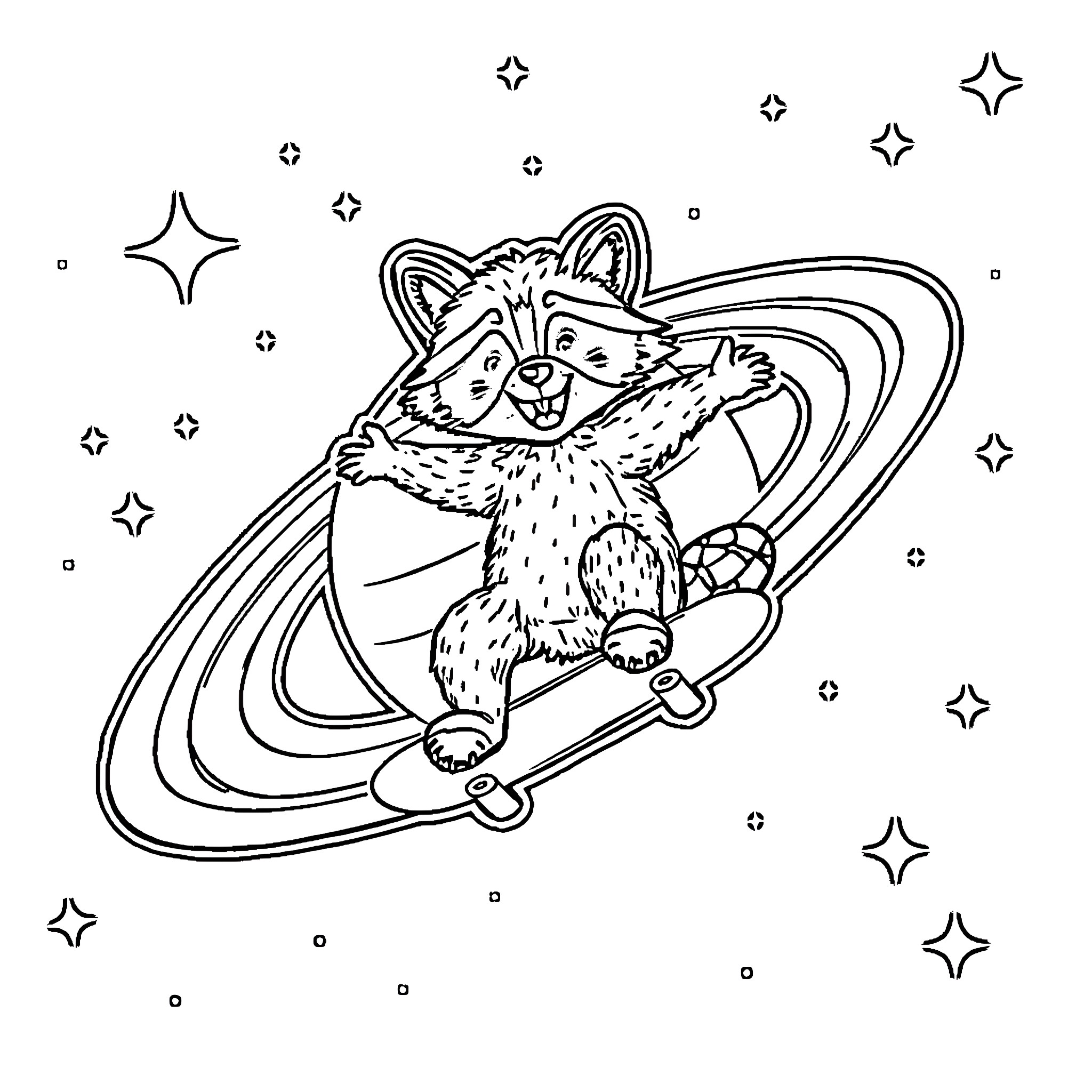 Raccoon skateboarding among the stars Coloring Page (free black-and-white line drawing printable PDF for all, from beginners to advanced learners, including children, teens, adults, and seniors)