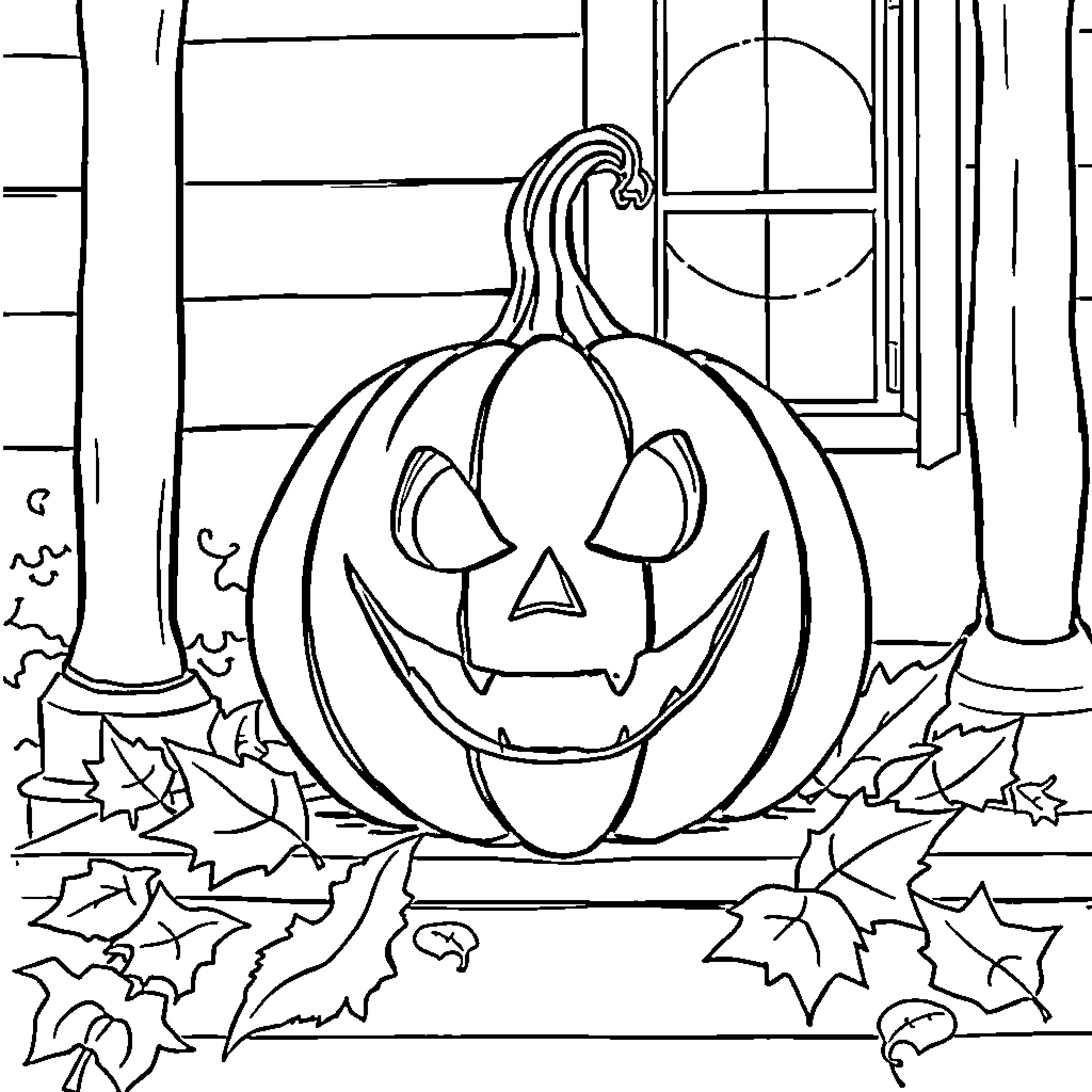 Pumpkin with a Spooky Face in the Autumn Scene Coloring Page (free black-and-white line drawing printable PDF for all, from beginners to advanced learners, including children, teens, adults, and seniors)