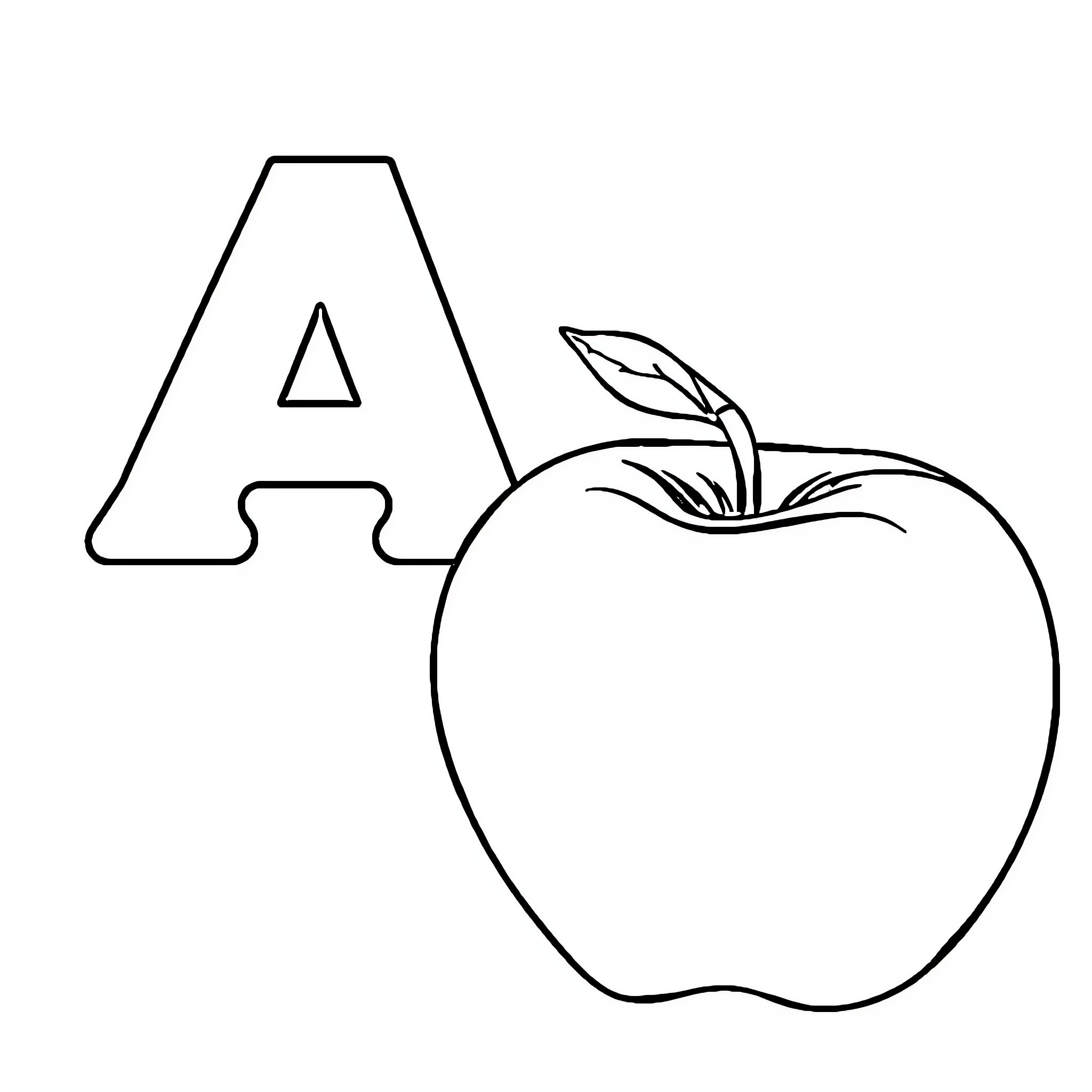 Alphabet A with an apple illustration Coloring Page (free black-and-white line drawing printable PDF for all, from beginners to advanced learners, including children, teens, adults, and seniors)