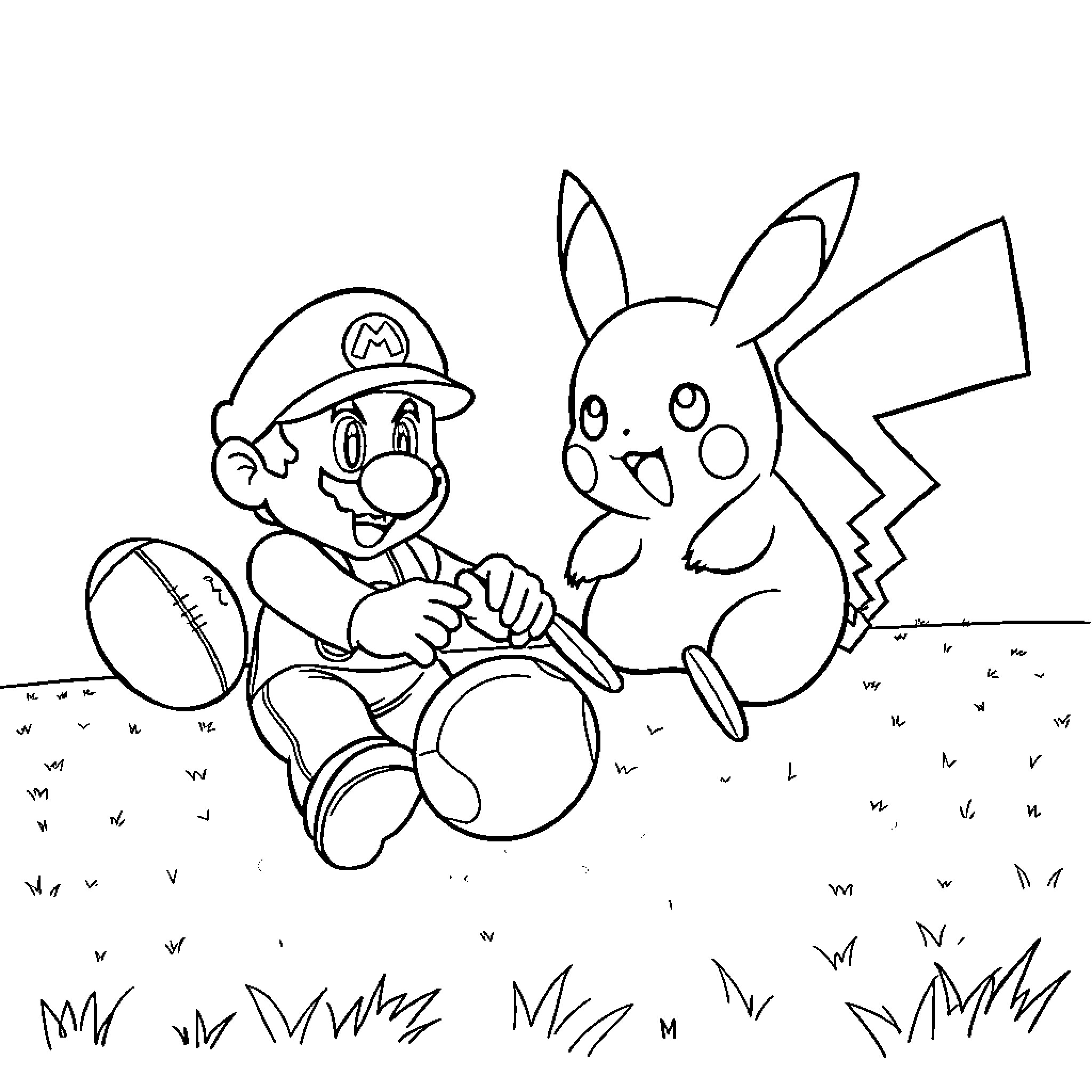 Mario playing with Pikachu in the field Coloring Page (free black-and-white line drawing printable PDF for all, from beginners to advanced learners, including children, teens, adults, and seniors)