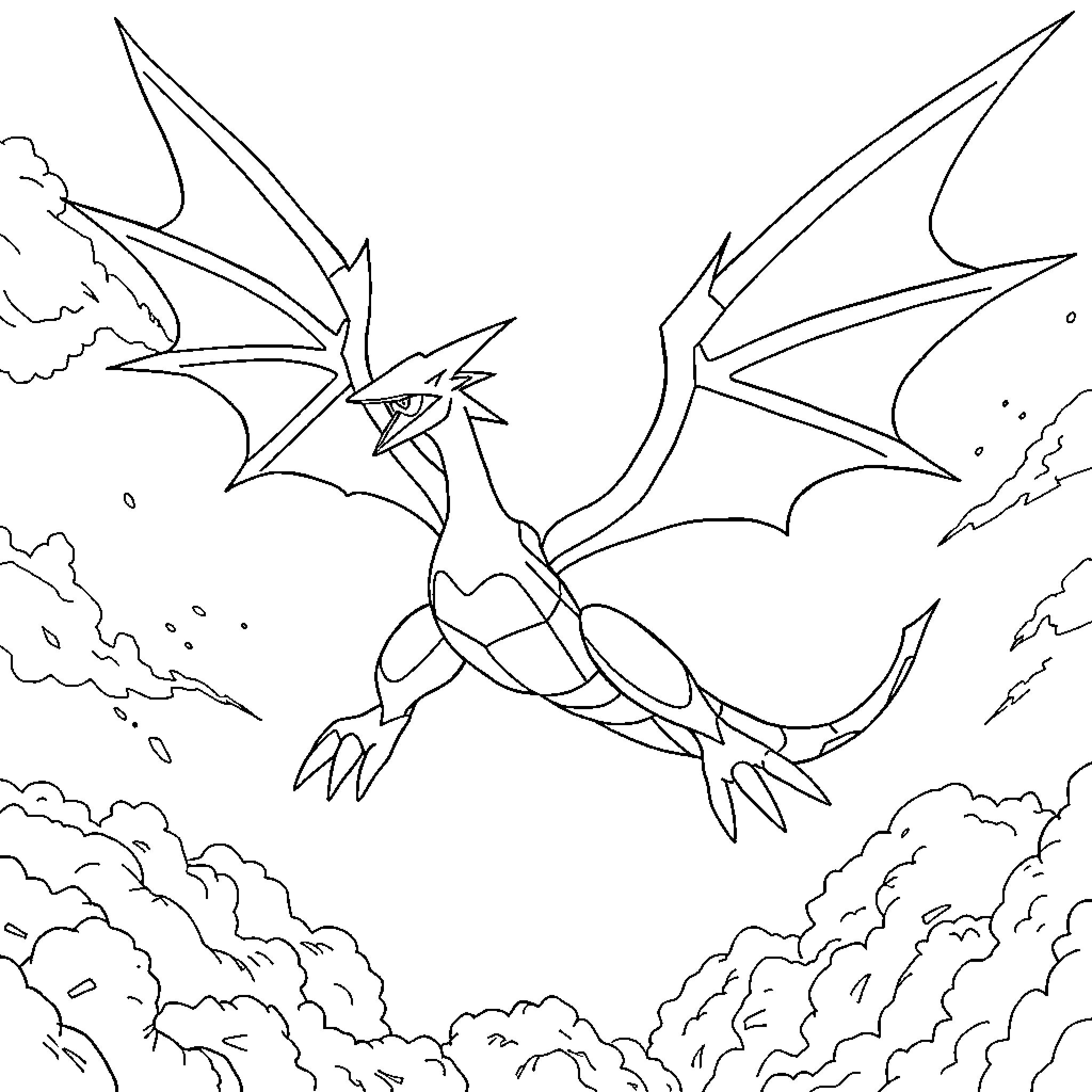 Mega Rayquaza soaring through the sky Coloring Page (free black-and-white line drawing printable PDF for all, from beginners to advanced learners, including children, teens, adults, and seniors)