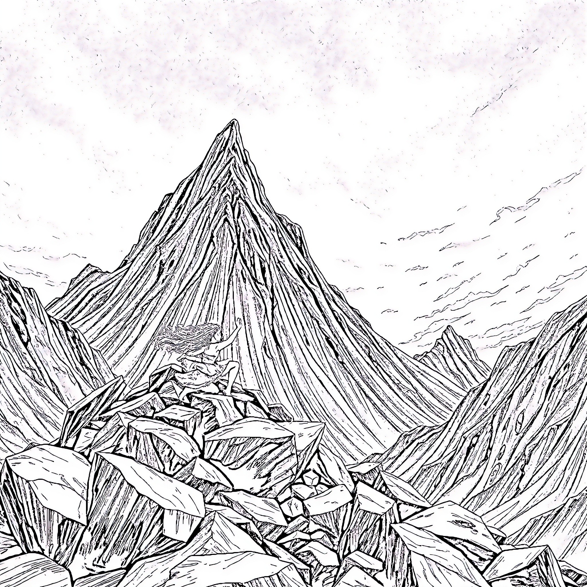 Feyre's Journey Through the Rugged Mountainscape Coloring Page (free black-and-white line drawing printable PDF for all, from beginners to advanced learners, including children, teens, adults, and seniors)