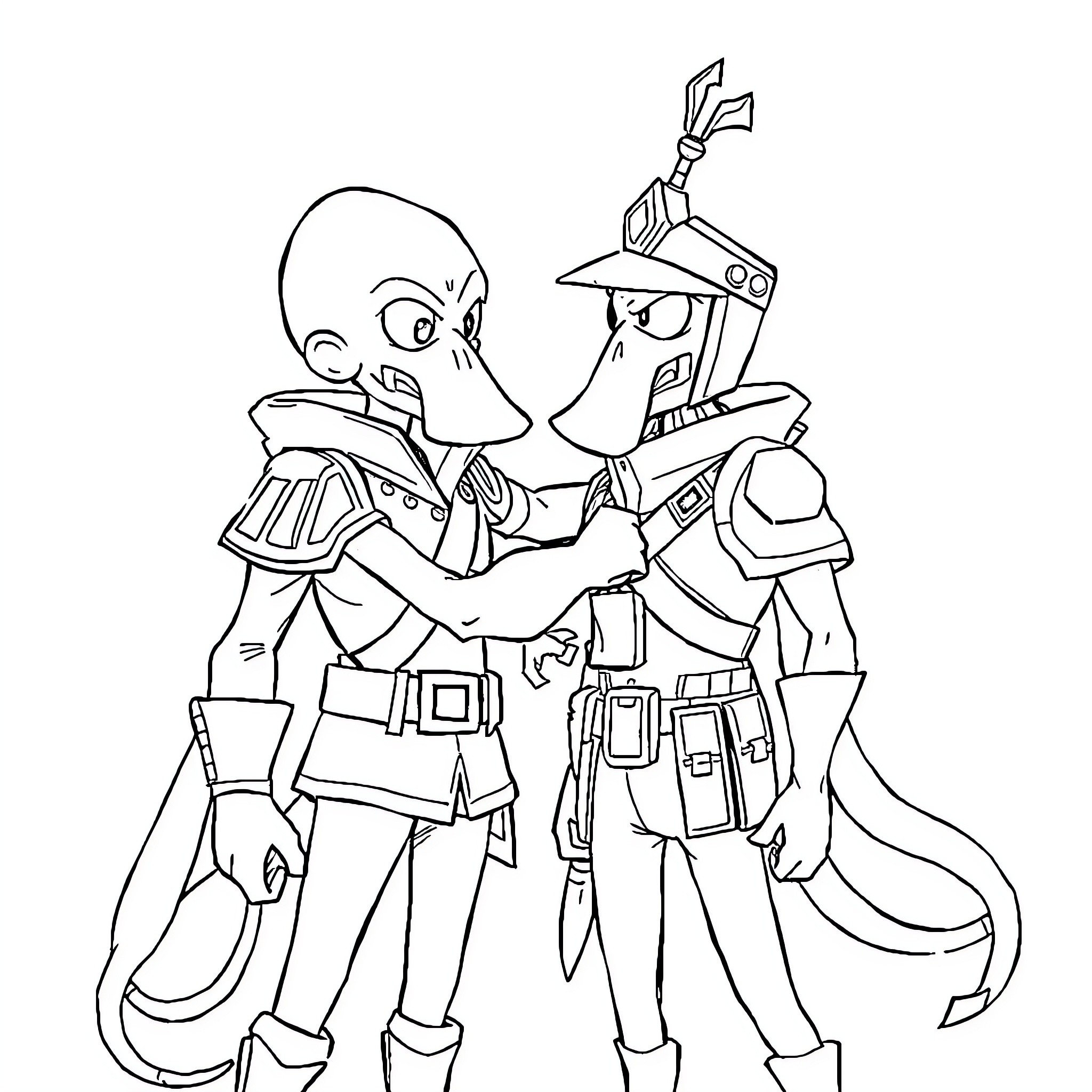 Guard duo in uniform investigating scene Coloring Page (free black-and-white line drawing printable PDF for all, from beginners to advanced learners, including children, teens, adults, and seniors)