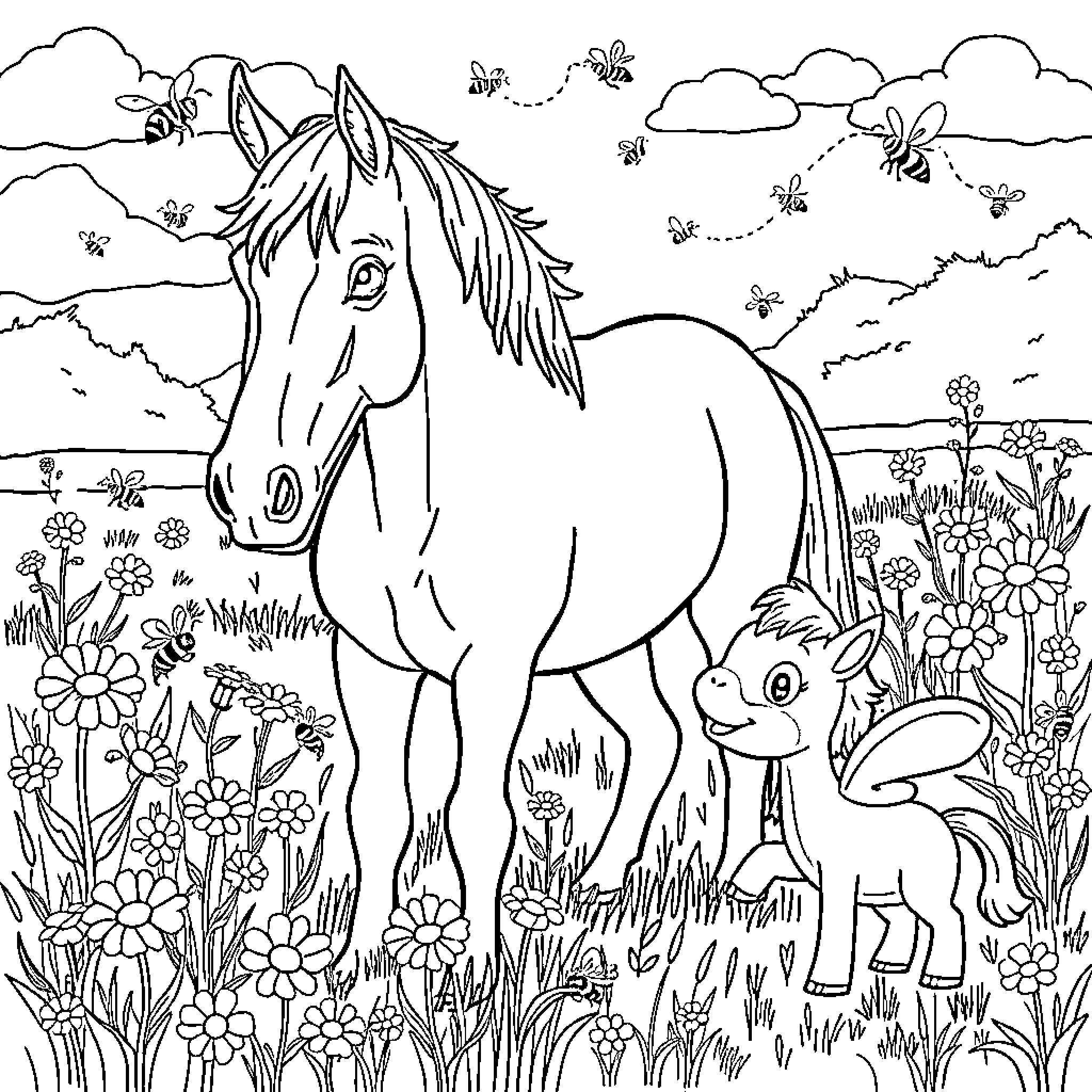 Horse and Rabbit Enjoy Scenic Meadow with Flowers Coloring Page (free black-and-white line drawing printable PDF for all, from beginners to advanced learners, including children, teens, adults, and seniors)