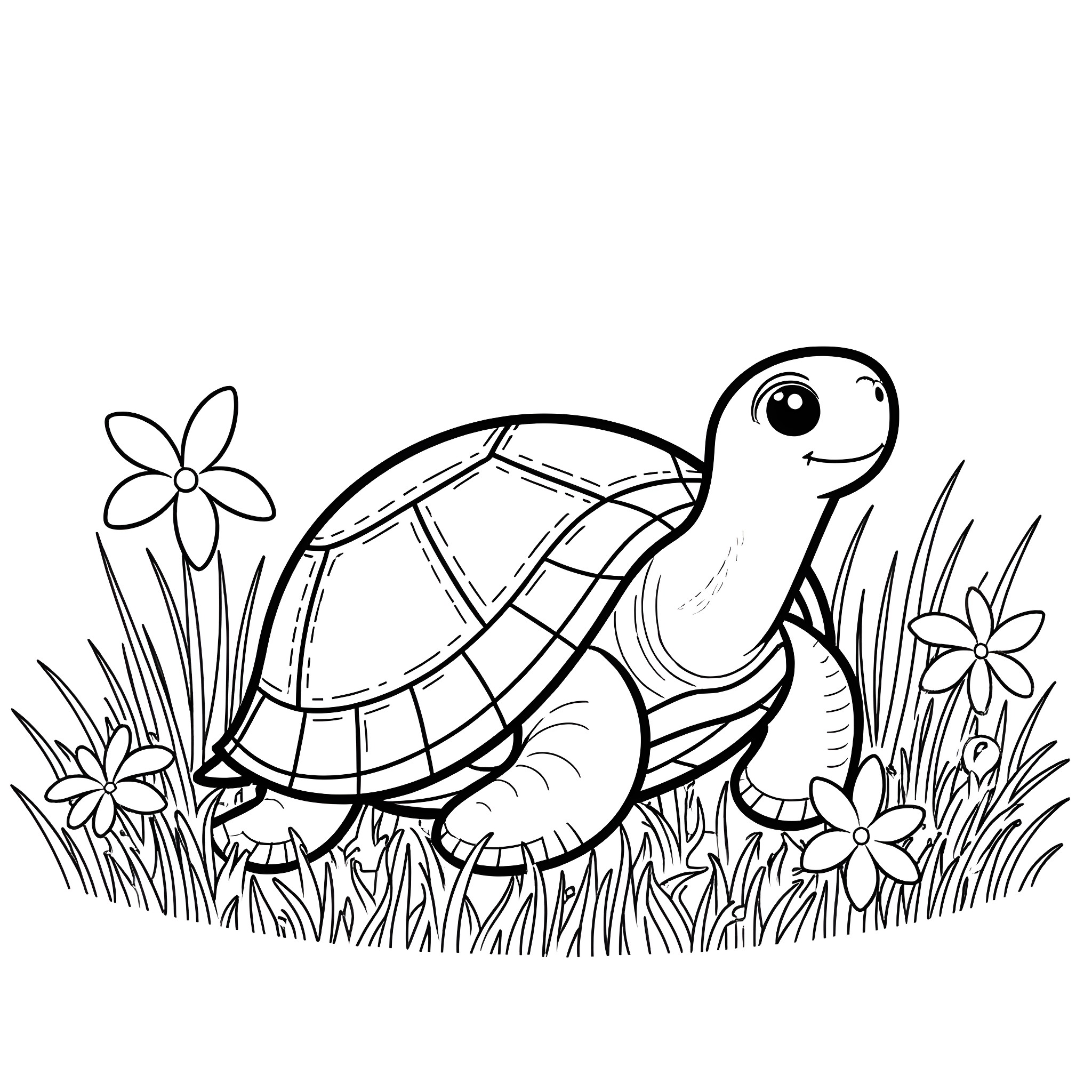 Turtle exploring the garden with flowers Coloring Page (free black-and-white line drawing printable PDF for all, from beginners to advanced learners, including children, teens, adults, and seniors)