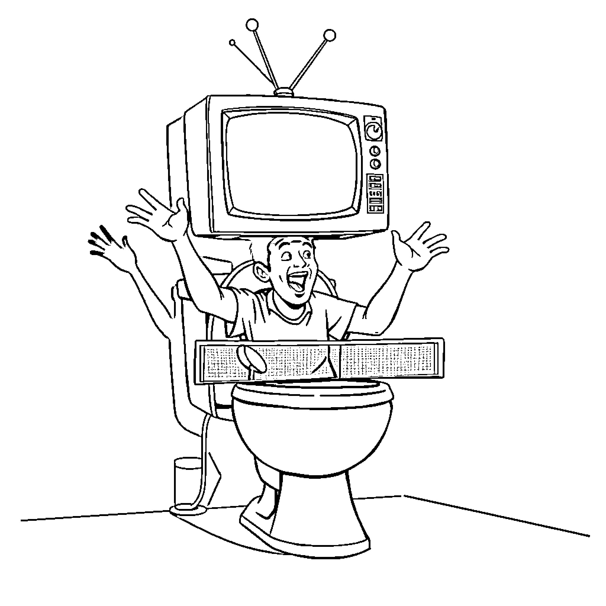 TV Head Man Jubilantly Sitting on Toilet Coloring Page (free black-and-white line drawing printable PDF for all, from beginners to advanced learners, including children, teens, adults, and seniors)