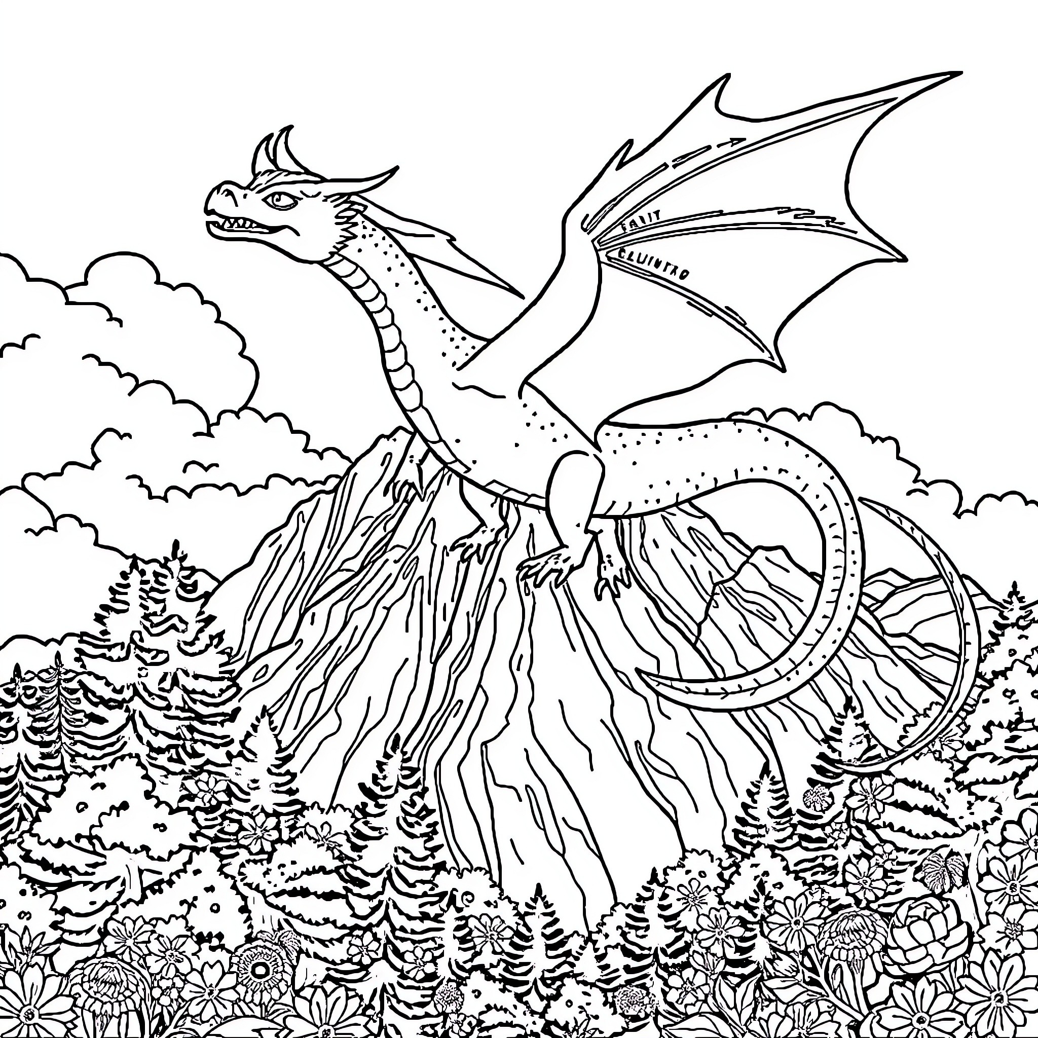 Dragon soaring over a lush forest landscape Coloring Page (free black-and-white line drawing printable PDF for all, from beginners to advanced learners, including children, teens, adults, and seniors)