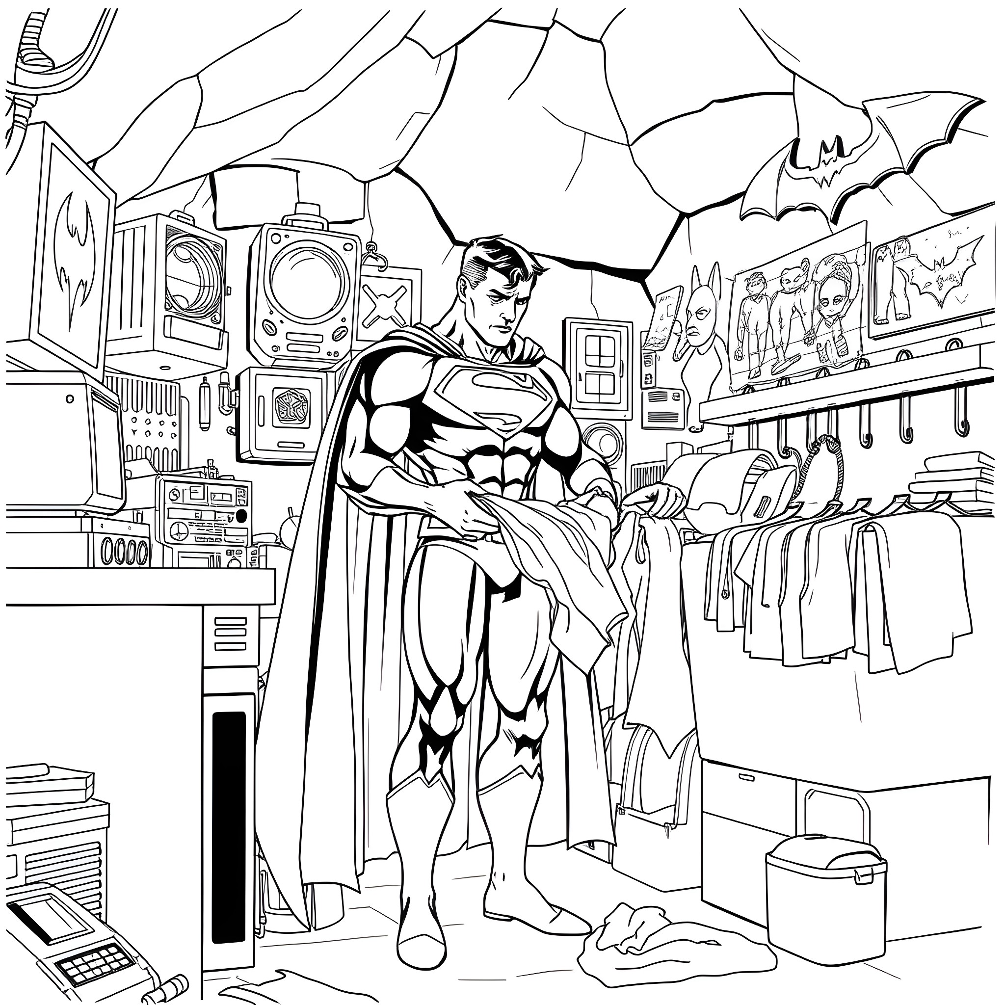 Superman surveying his hidden superhero lair Coloring Page (free black-and-white line drawing printable PDF for all, from beginners to advanced learners, including children, teens, adults, and seniors)