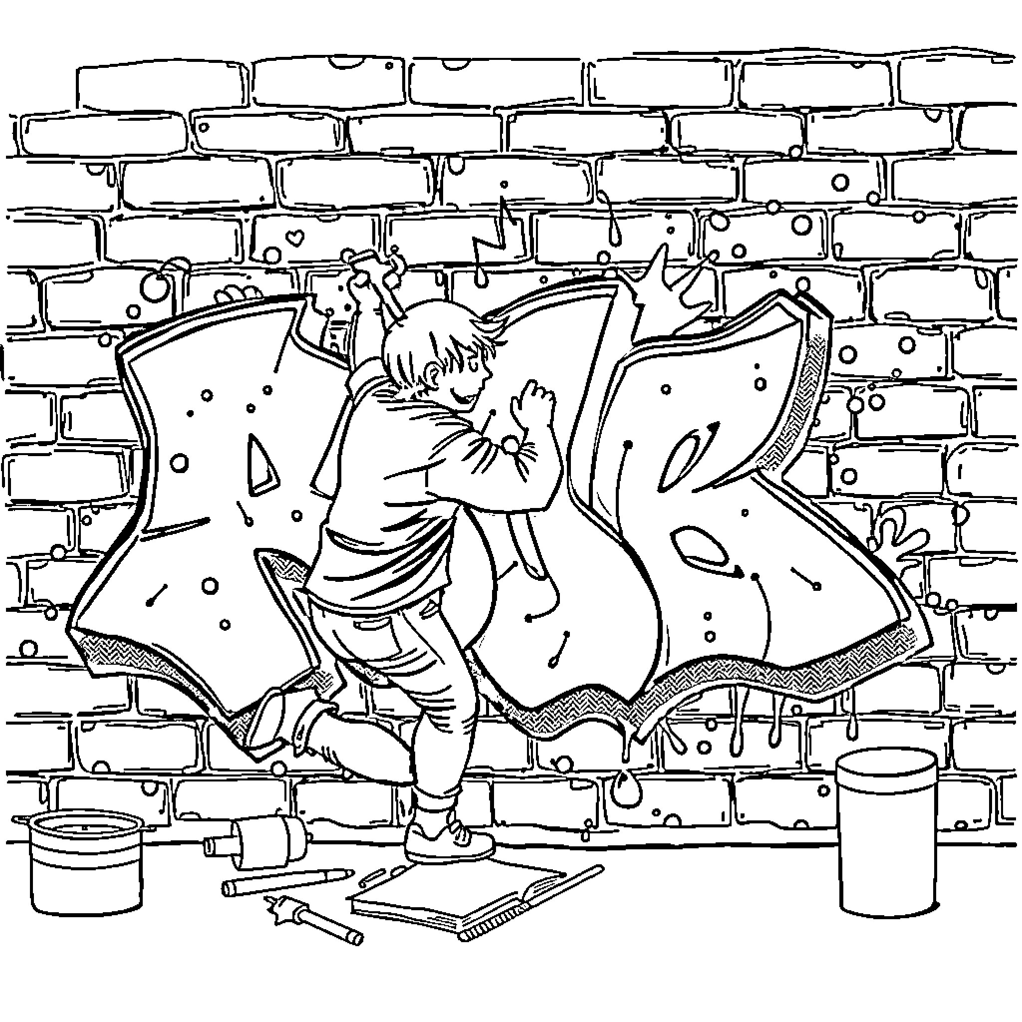 Cristian creating graffiti art on brick wall Coloring Page (free black-and-white line drawing printable PDF for all, from beginners to advanced learners, including children, teens, adults, and seniors)