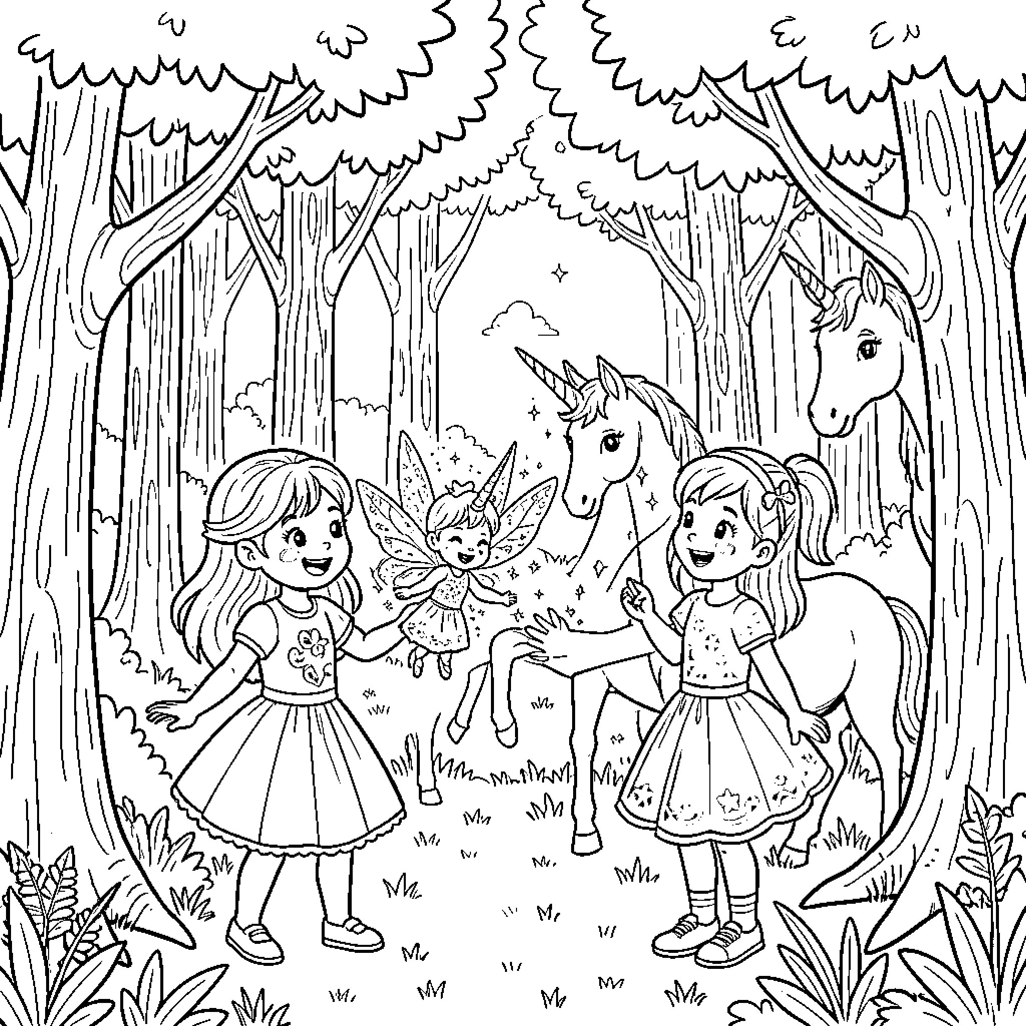 Fairy girls exploring enchanted forest with unicorns Coloring Page (free black-and-white line drawing printable PDF for all, from beginners to advanced learners, including children, teens, adults, and seniors)