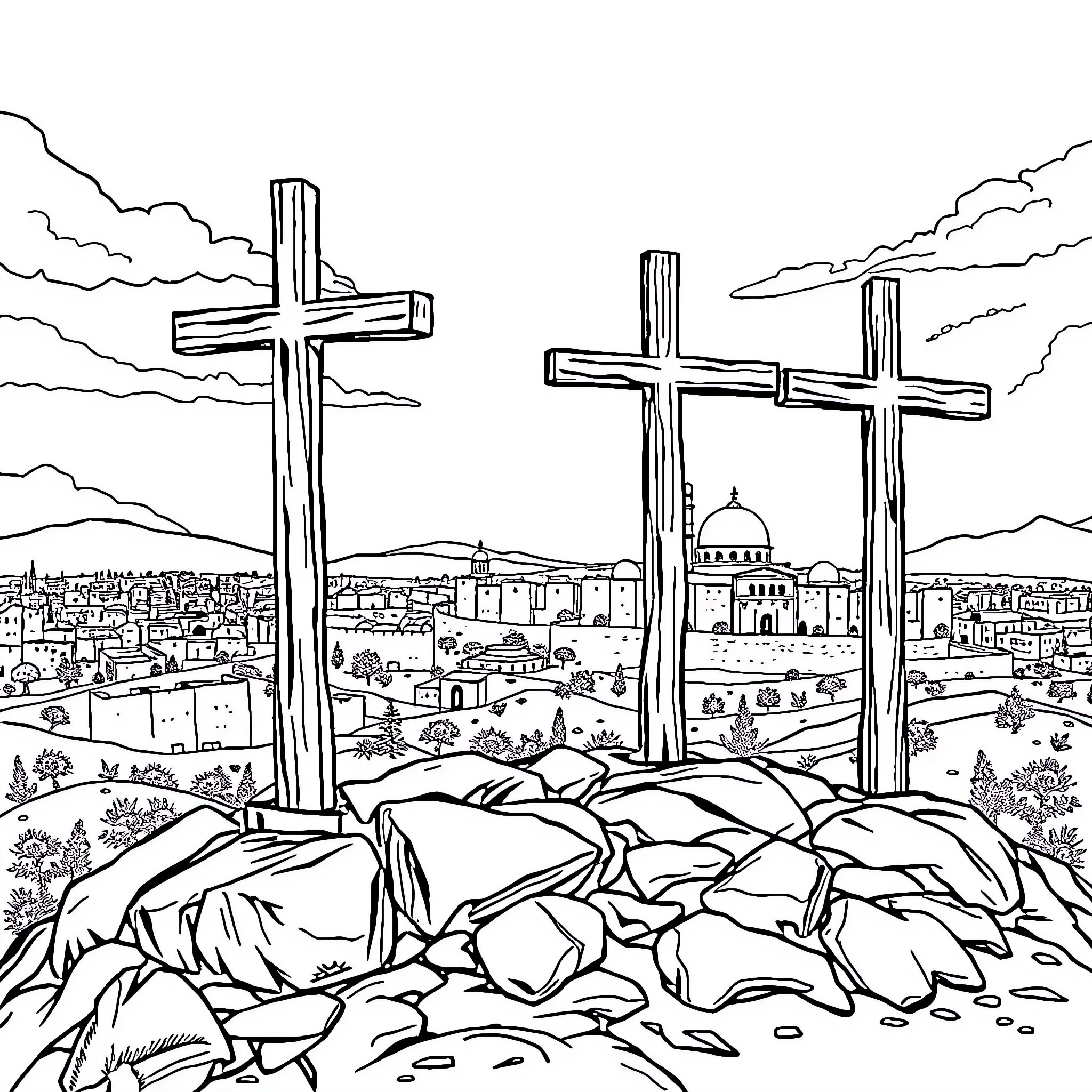 Cross Silhouettes Overlooking City Landscape Coloring Page (free black-and-white line drawing printable PDF for all, from beginners to advanced learners, including children, teens, adults, and seniors)