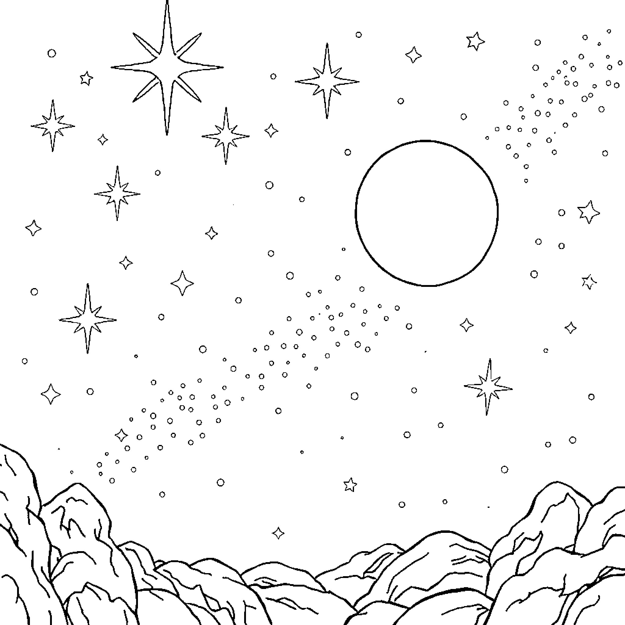 Rocket through the Starry Night Sky Coloring Page (free black-and-white line drawing printable PDF for all, from beginners to advanced learners, including children, teens, adults, and seniors)