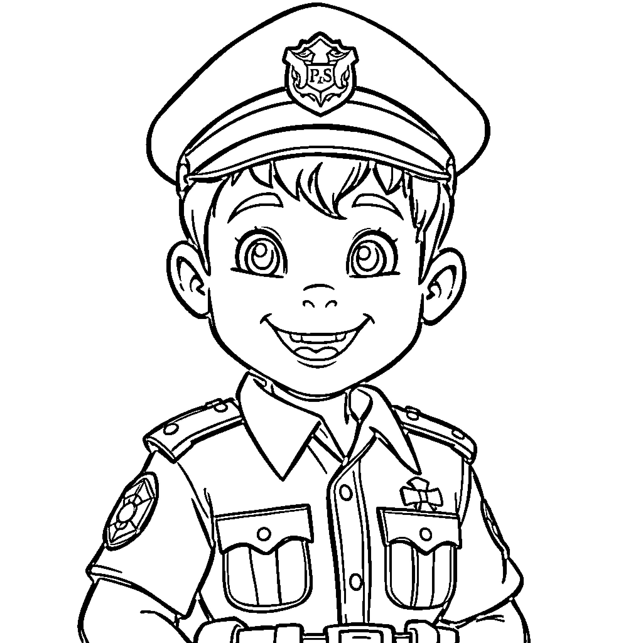 Singham: Cheerful Police Officer Smiling Proudly Coloring Page (free black-and-white line drawing printable PDF for all, from beginners to advanced learners, including children, teens, adults, and seniors)