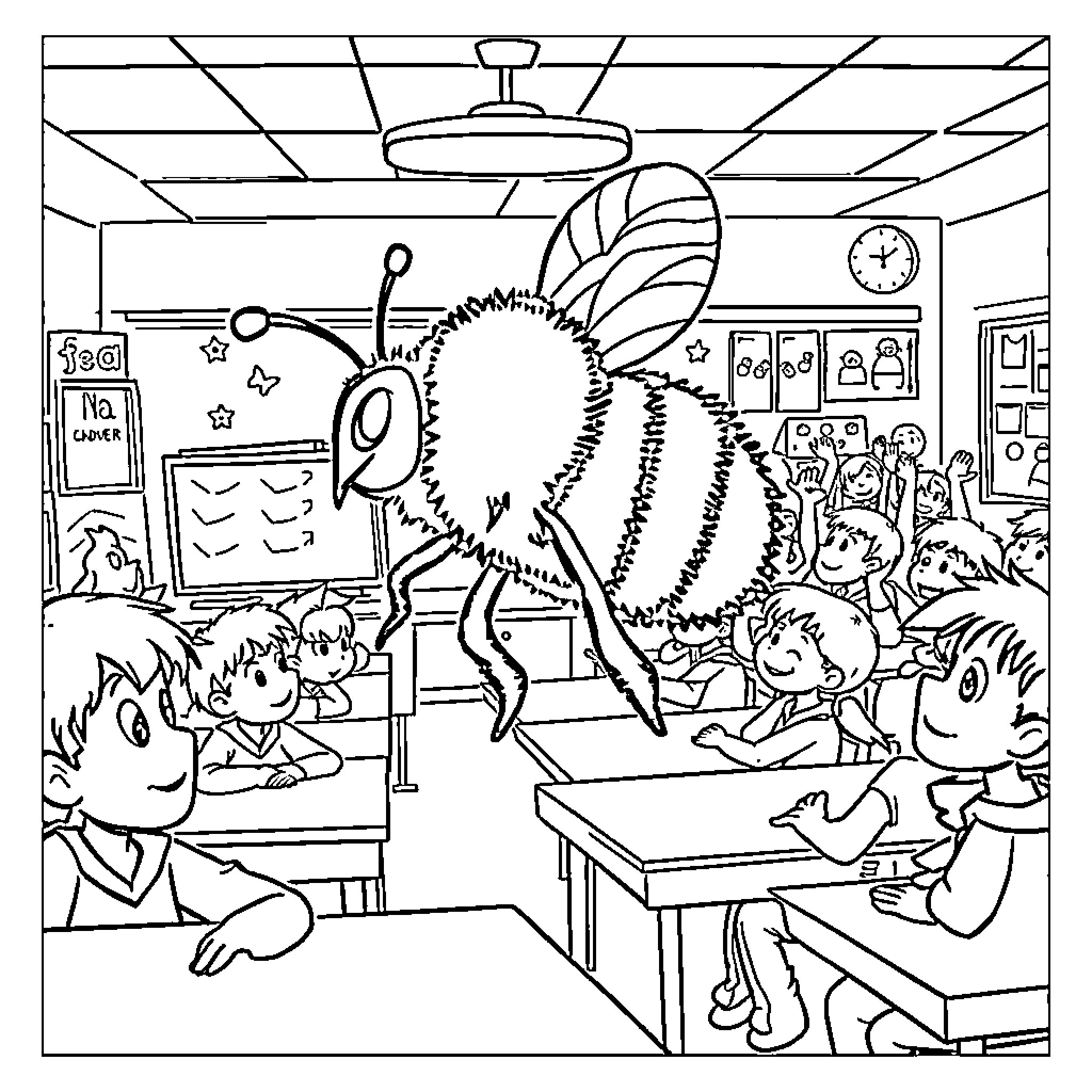 Bumblebee visits a classroom full of students Coloring Page (free black-and-white line drawing printable PDF for all, from beginners to advanced learners, including children, teens, adults, and seniors)