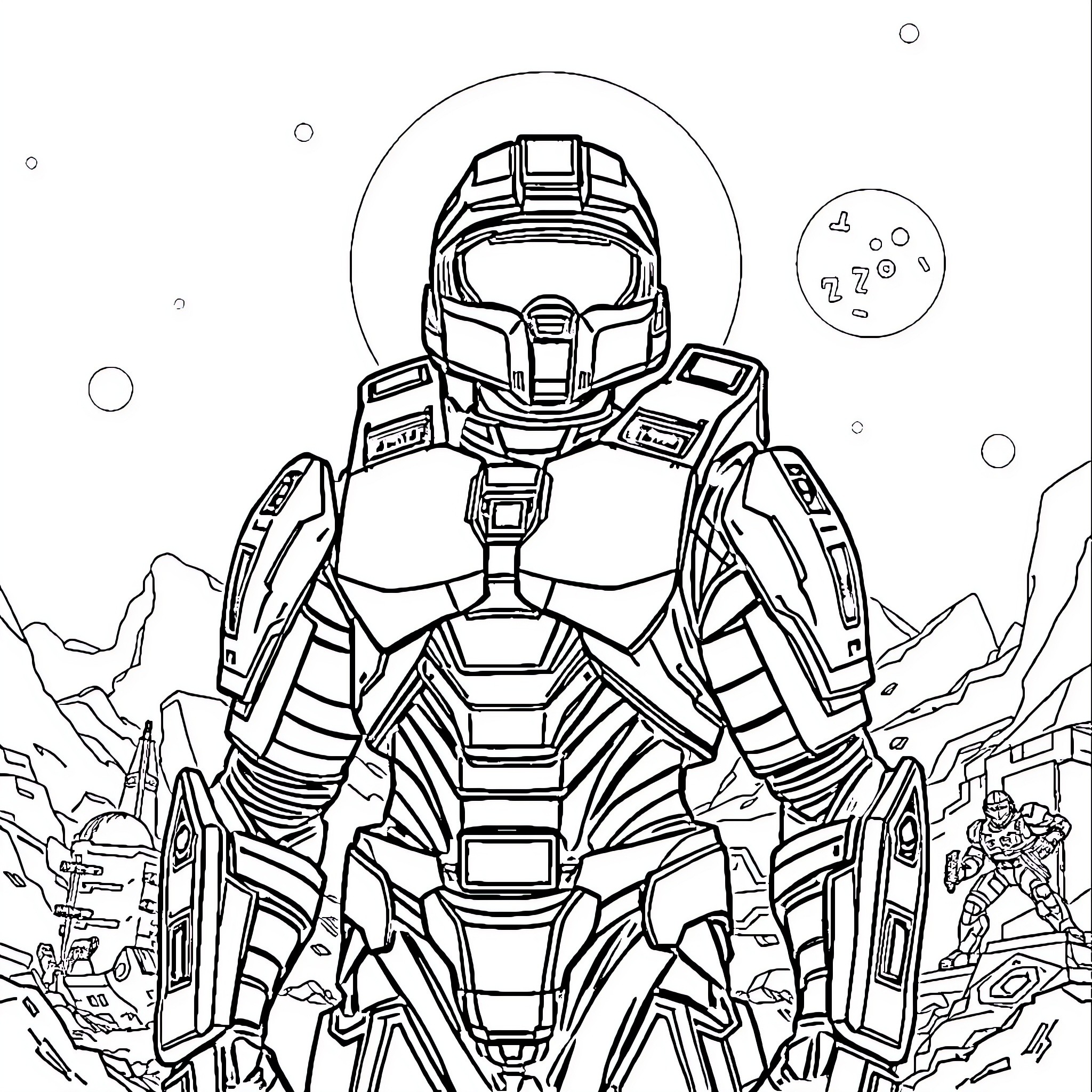 Halo Spartan in Futuristic Combat Armor Coloring Page (free black-and-white line drawing printable PDF for all, from beginners to advanced learners, including children, teens, adults, and seniors)