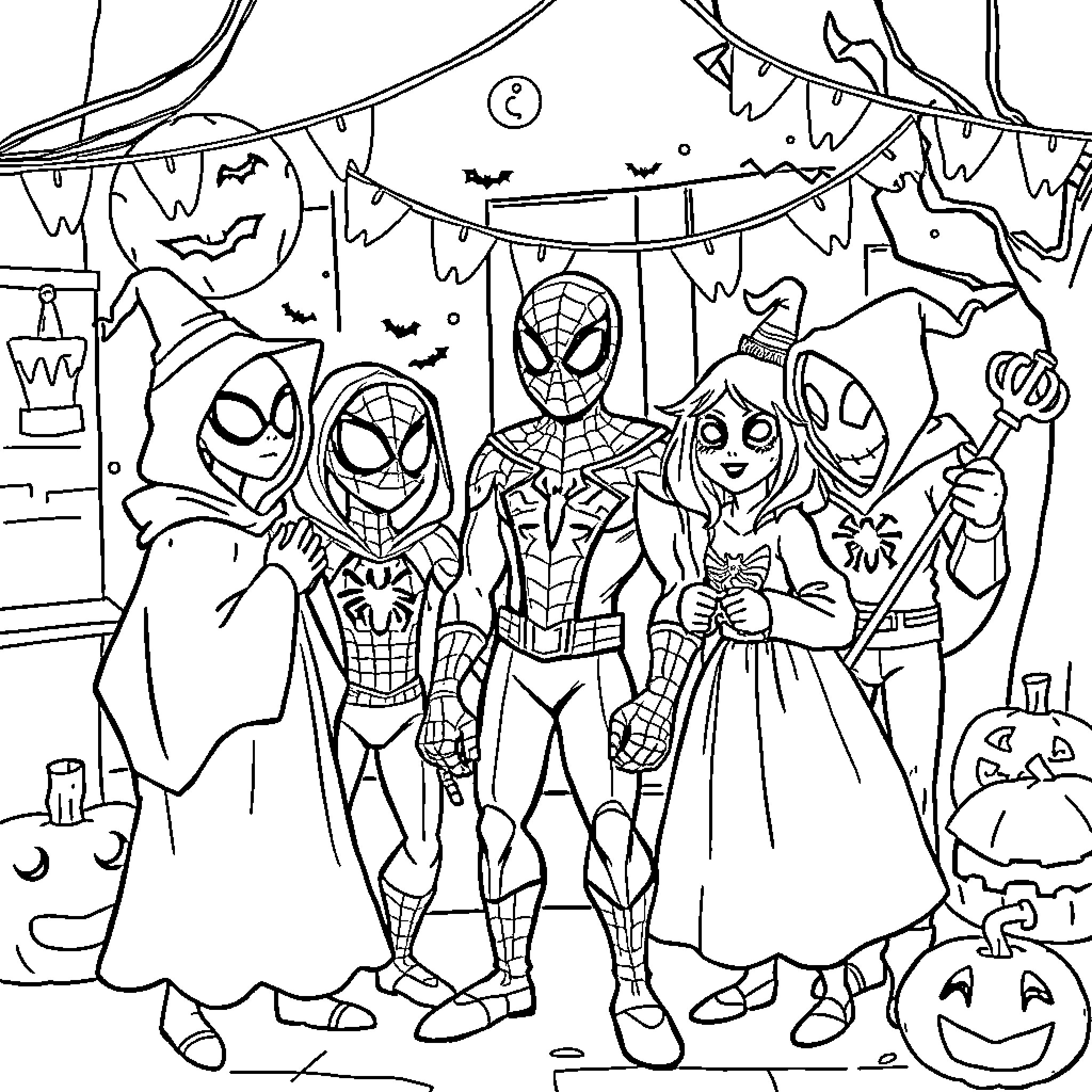 Spiderman and friends celebrate Halloween Coloring Page (free black-and-white line drawing printable PDF for all, from beginners to advanced learners, including children, teens, adults, and seniors)