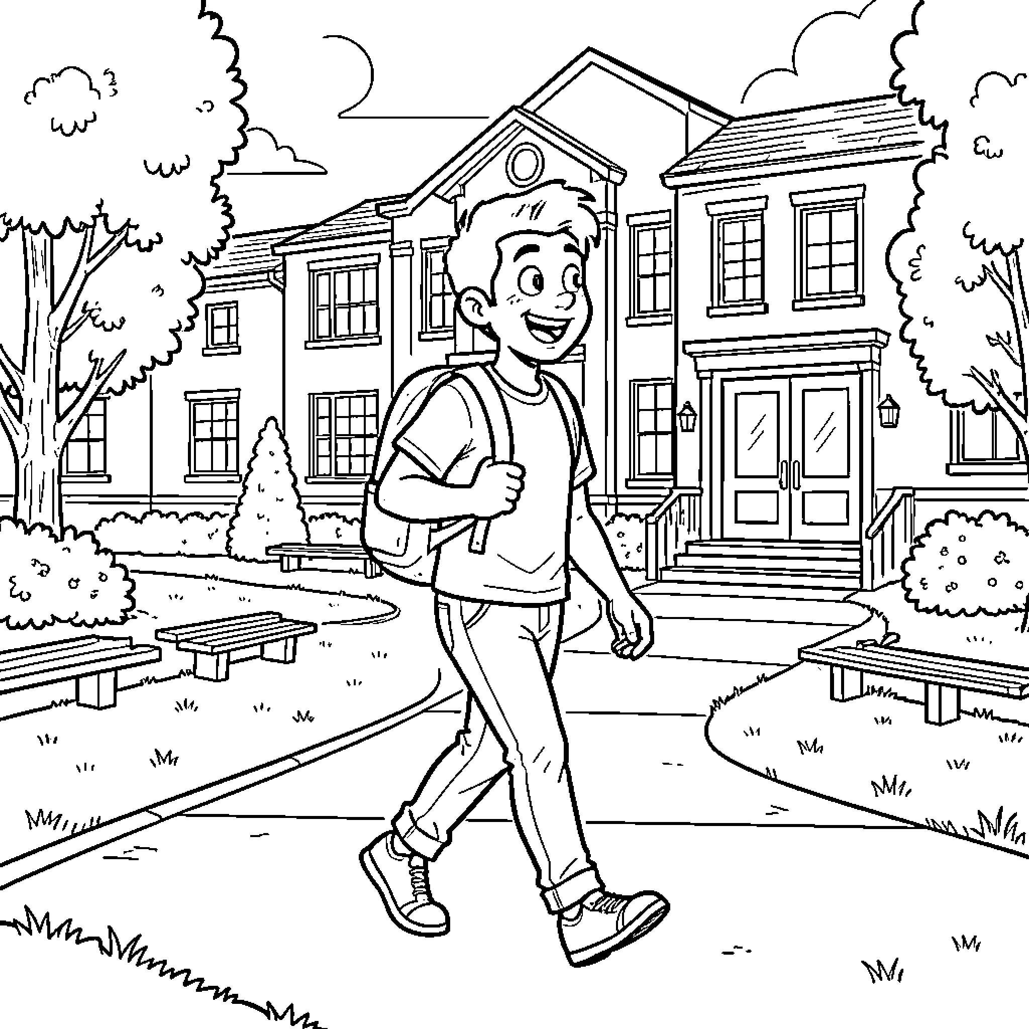 Dave Chapple walking happily with a backpack near a school Coloring Page (free black-and-white line drawing printable PDF for all, from beginners to advanced learners, including children, teens, adults, and seniors)