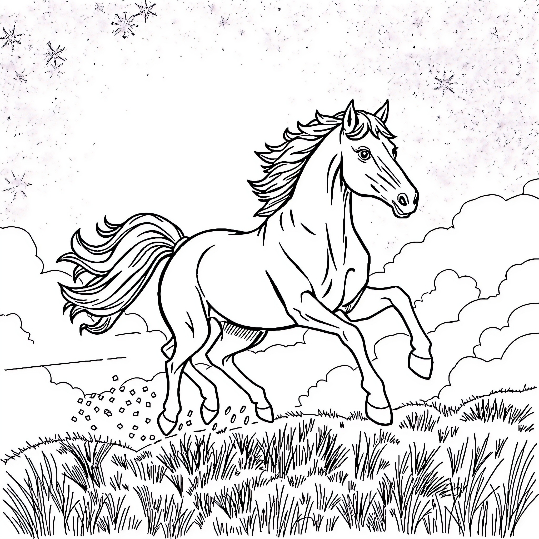 Horse galloping through snowy landscape Coloring Page (free black-and-white line drawing printable PDF for all, from beginners to advanced learners, including children, teens, adults, and seniors)