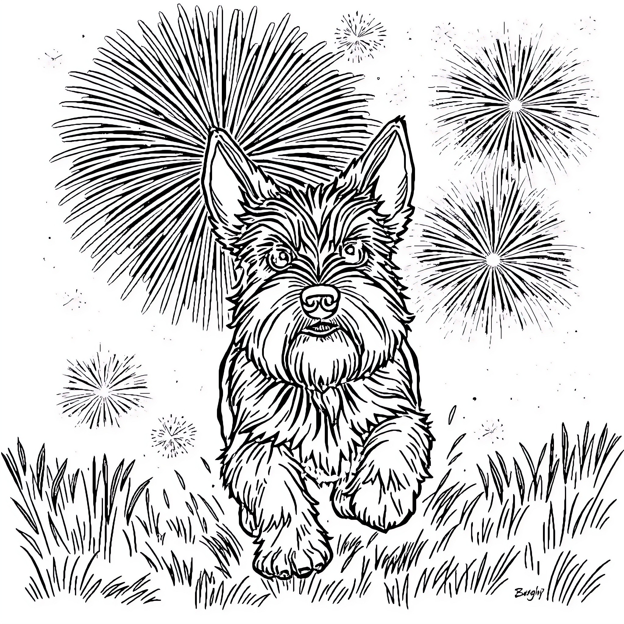 Schnauzer enjoying festive fireworks display Coloring Page (free black-and-white line drawing printable PDF for all, from beginners to advanced learners, including children, teens, adults, and seniors)