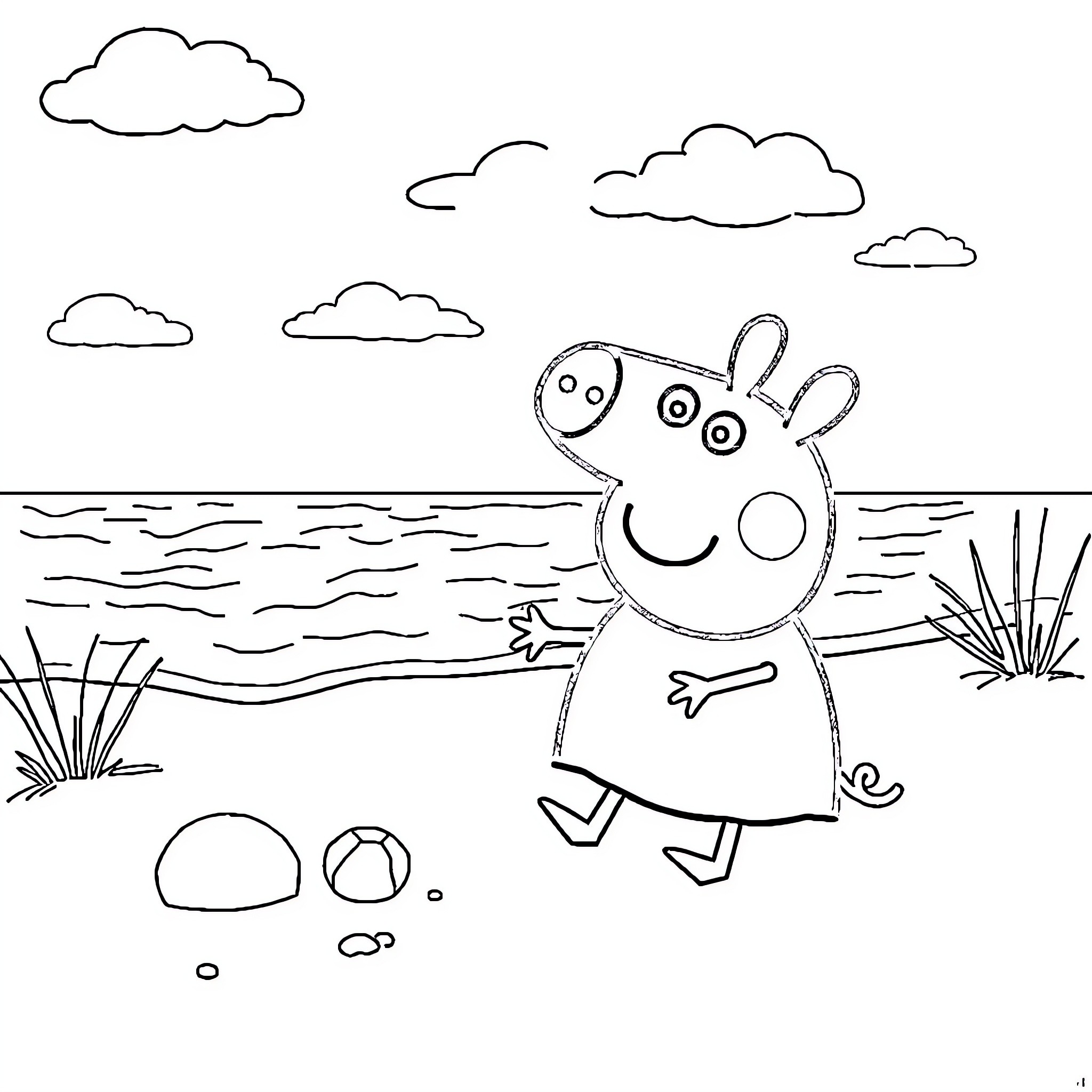 Peppa Pig playing happily by the beach Coloring Page (free black-and-white line drawing printable PDF for all, from beginners to advanced learners, including children, teens, adults, and seniors)