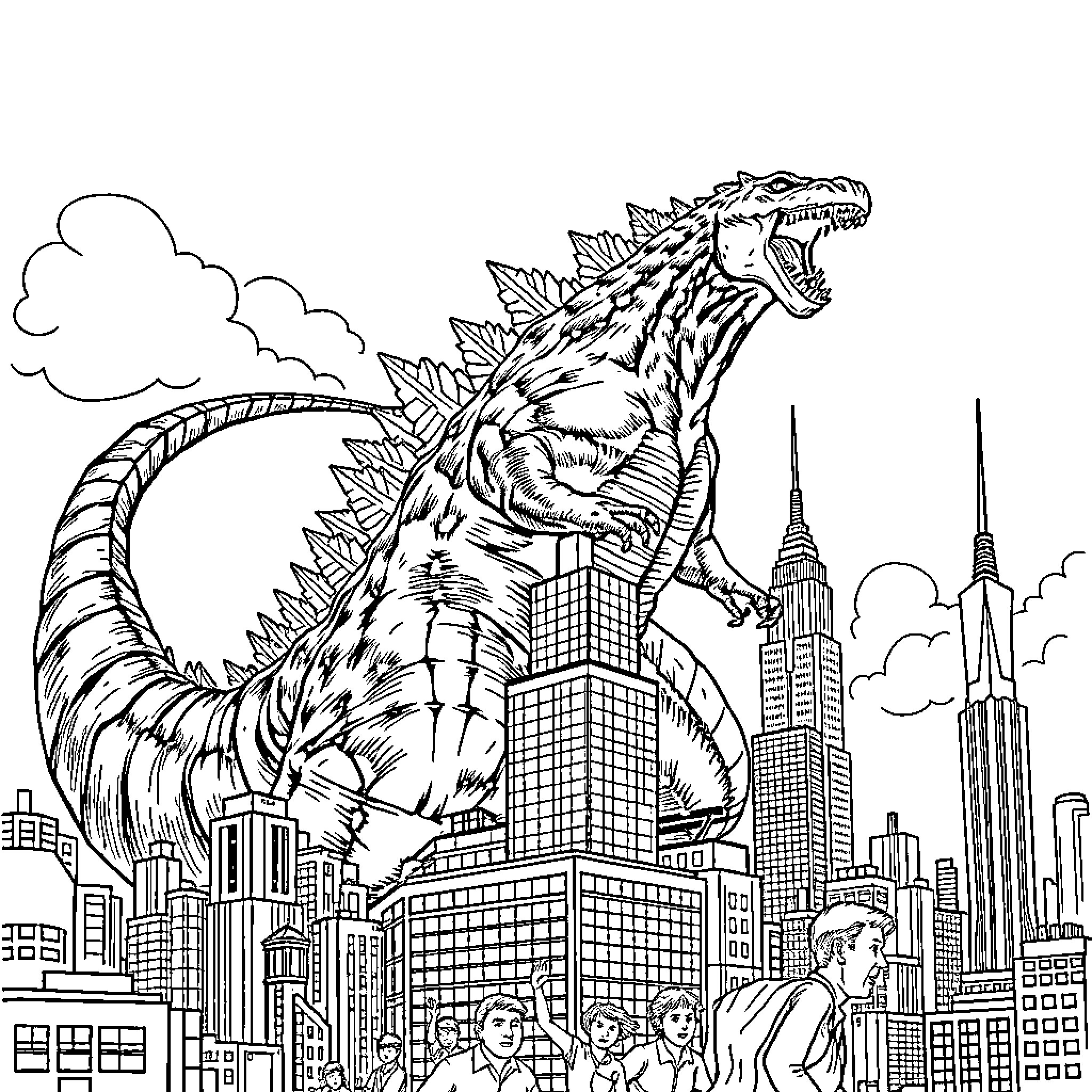 Godzilla rampaging through a cityscape Coloring Page (free black-and-white line drawing printable PDF for all, from beginners to advanced learners, including children, teens, adults, and seniors)
