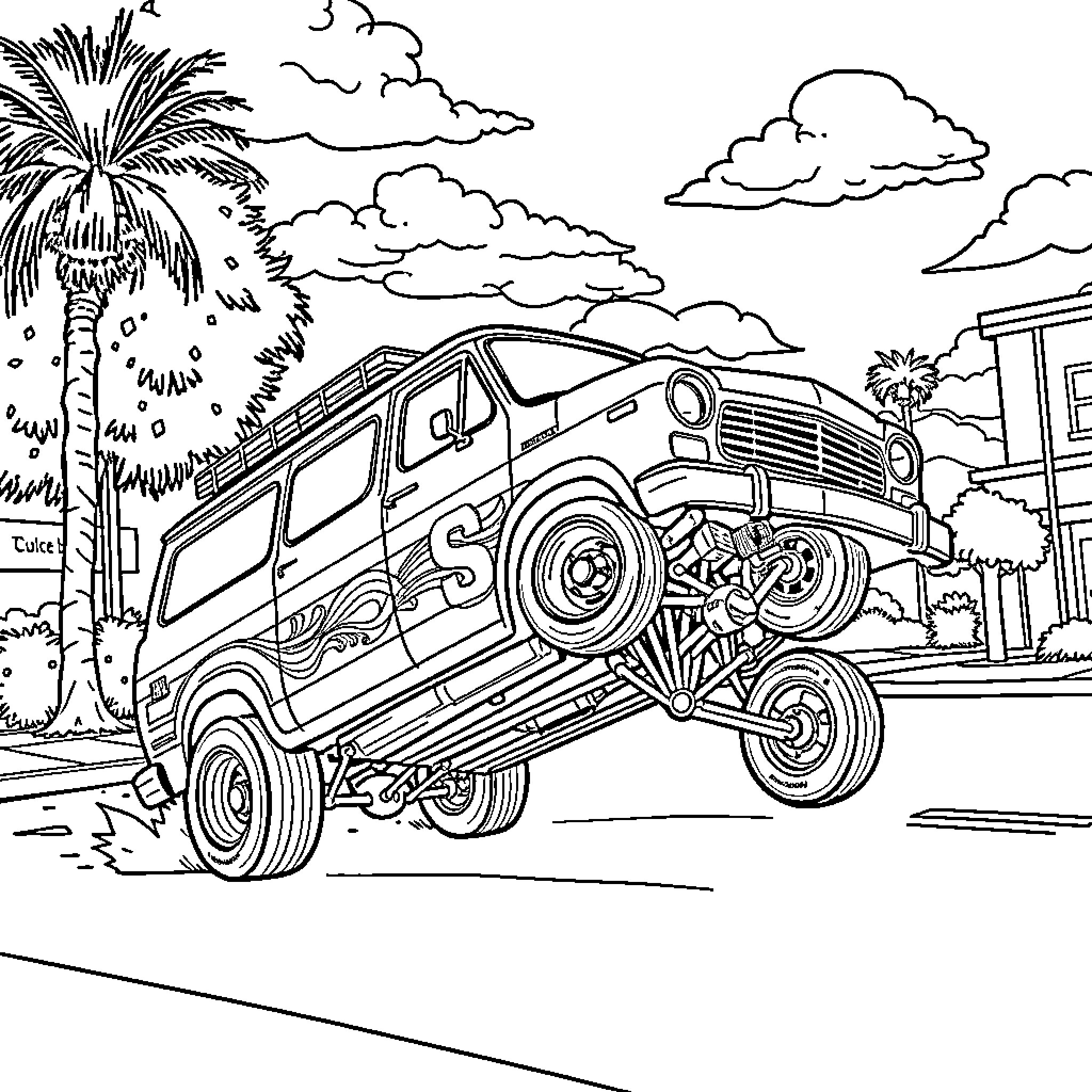 Hot Rod Monster Truck Stunt in Tropical Landscape Coloring Page (free black-and-white line drawing printable PDF for all, from beginners to advanced learners, including children, teens, adults, and seniors)