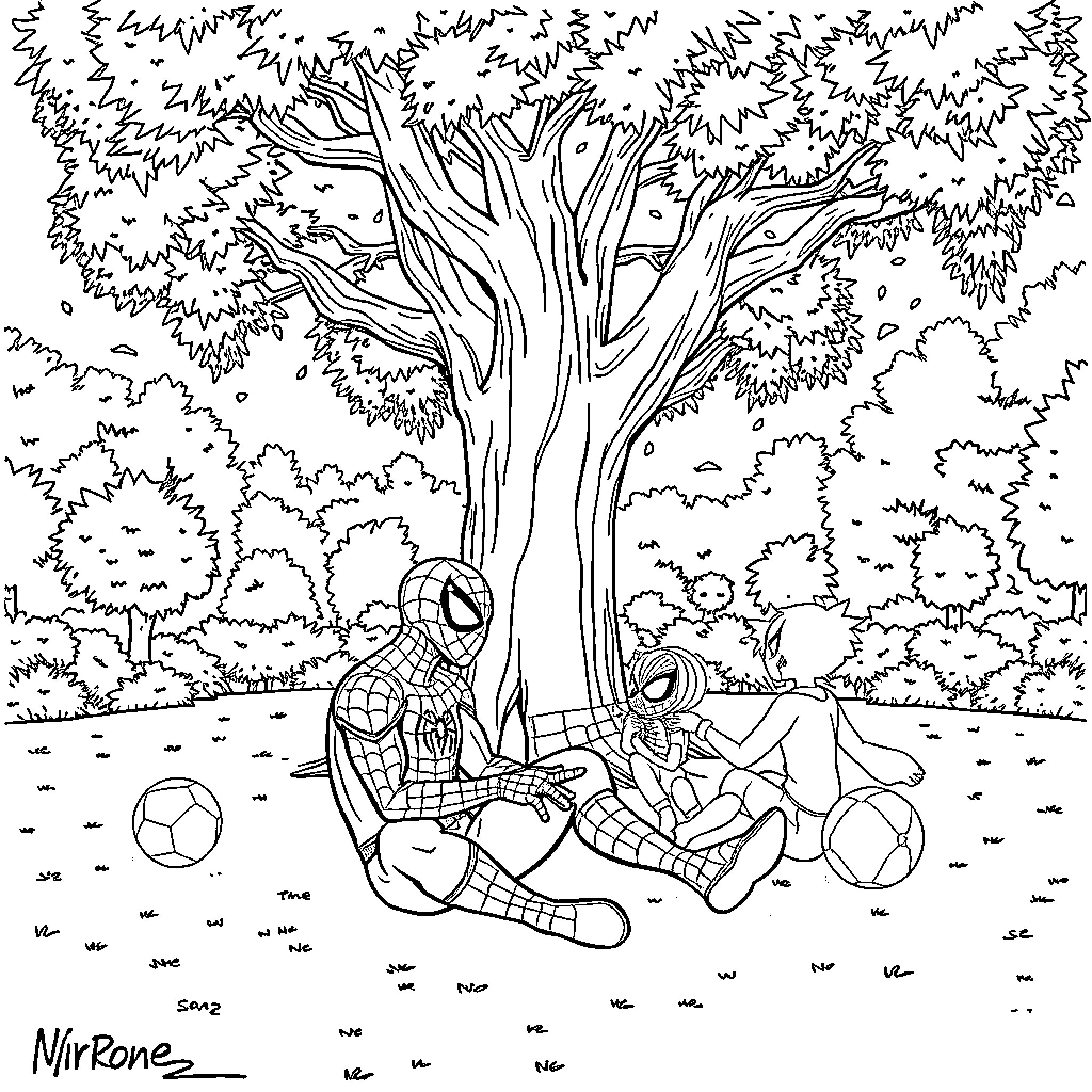 Spiderman relaxing with friends in the park Coloring Page (free black-and-white line drawing printable PDF for all, from beginners to advanced learners, including children, teens, adults, and seniors)