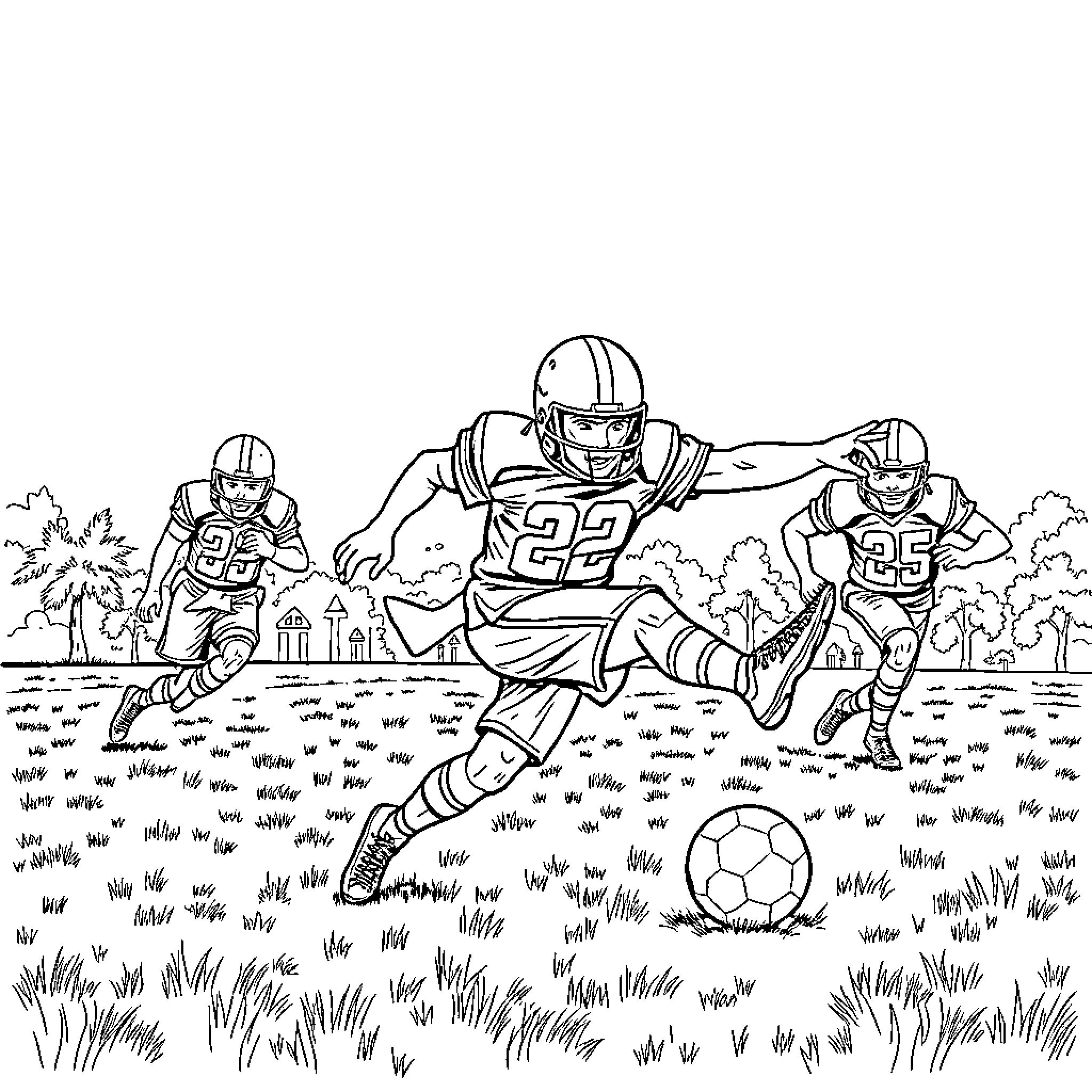 Ninjatator plays soccer with teammates on the field Coloring Page (free black-and-white line drawing printable PDF for all, from beginners to advanced learners, including children, teens, adults, and seniors)