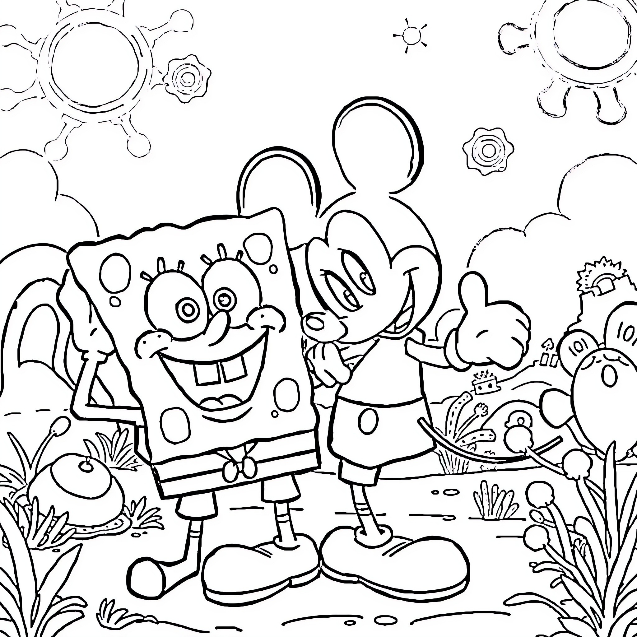 Spongebob and Friends in Underwater Adventure Coloring Page (free black-and-white line drawing printable PDF for all, from beginners to advanced learners, including children, teens, adults, and seniors)