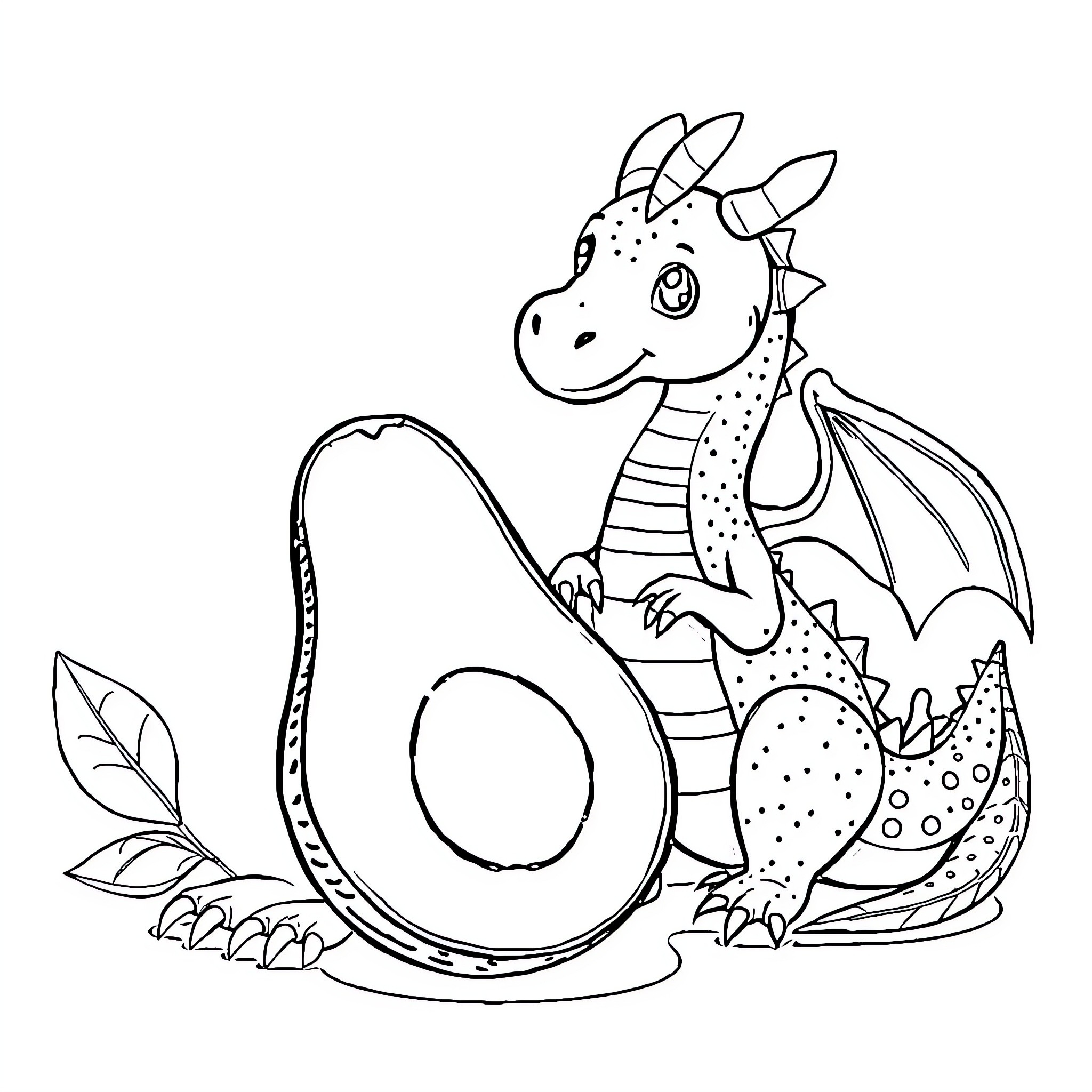 Avocado Dragon Guarding Egg in Nature Coloring Page (free black-and-white line drawing printable PDF for all, from beginners to advanced learners, including children, teens, adults, and seniors)