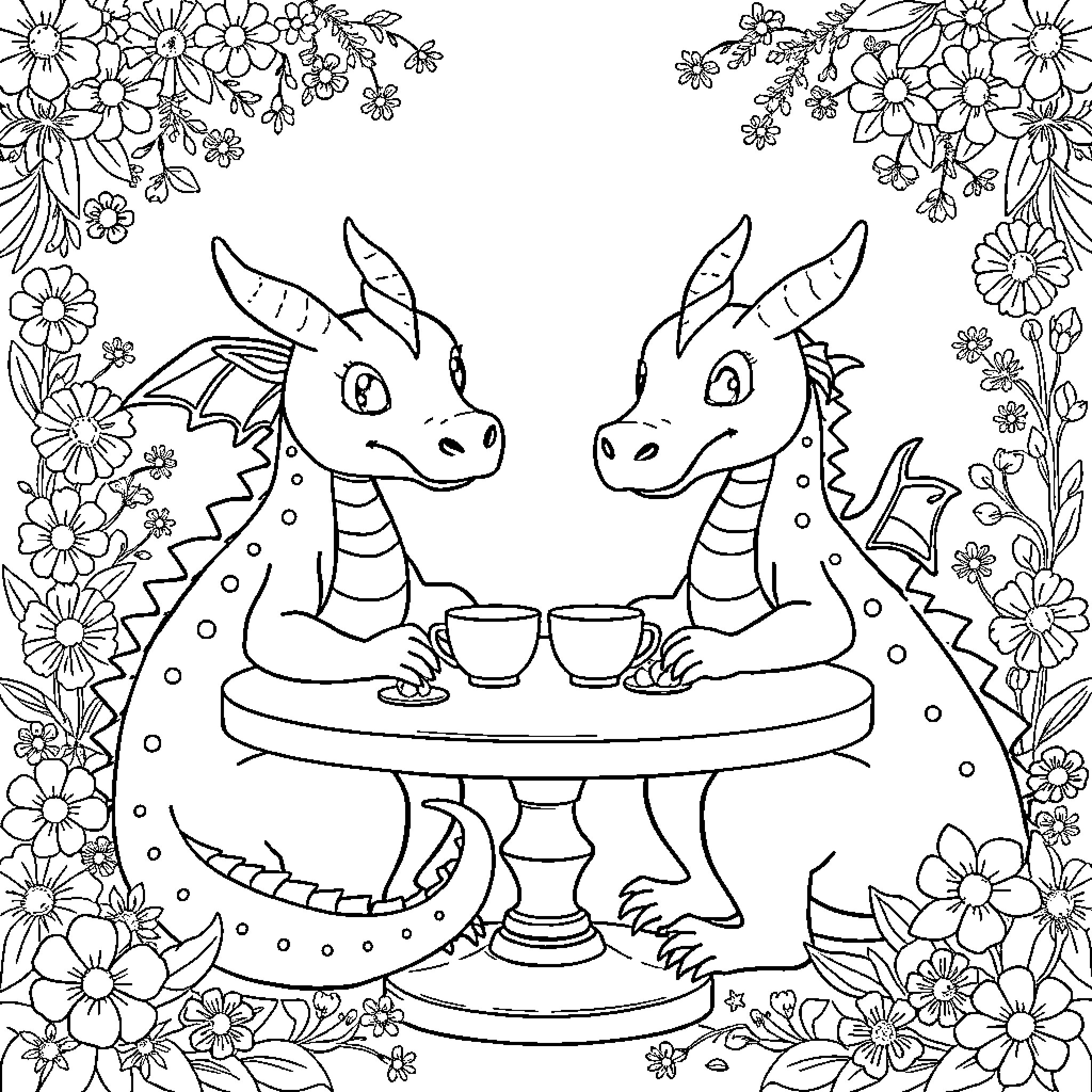 Dragon companions sharing tea in a floral garden Coloring Page (free black-and-white line drawing printable PDF for all, from beginners to advanced learners, including children, teens, adults, and seniors)