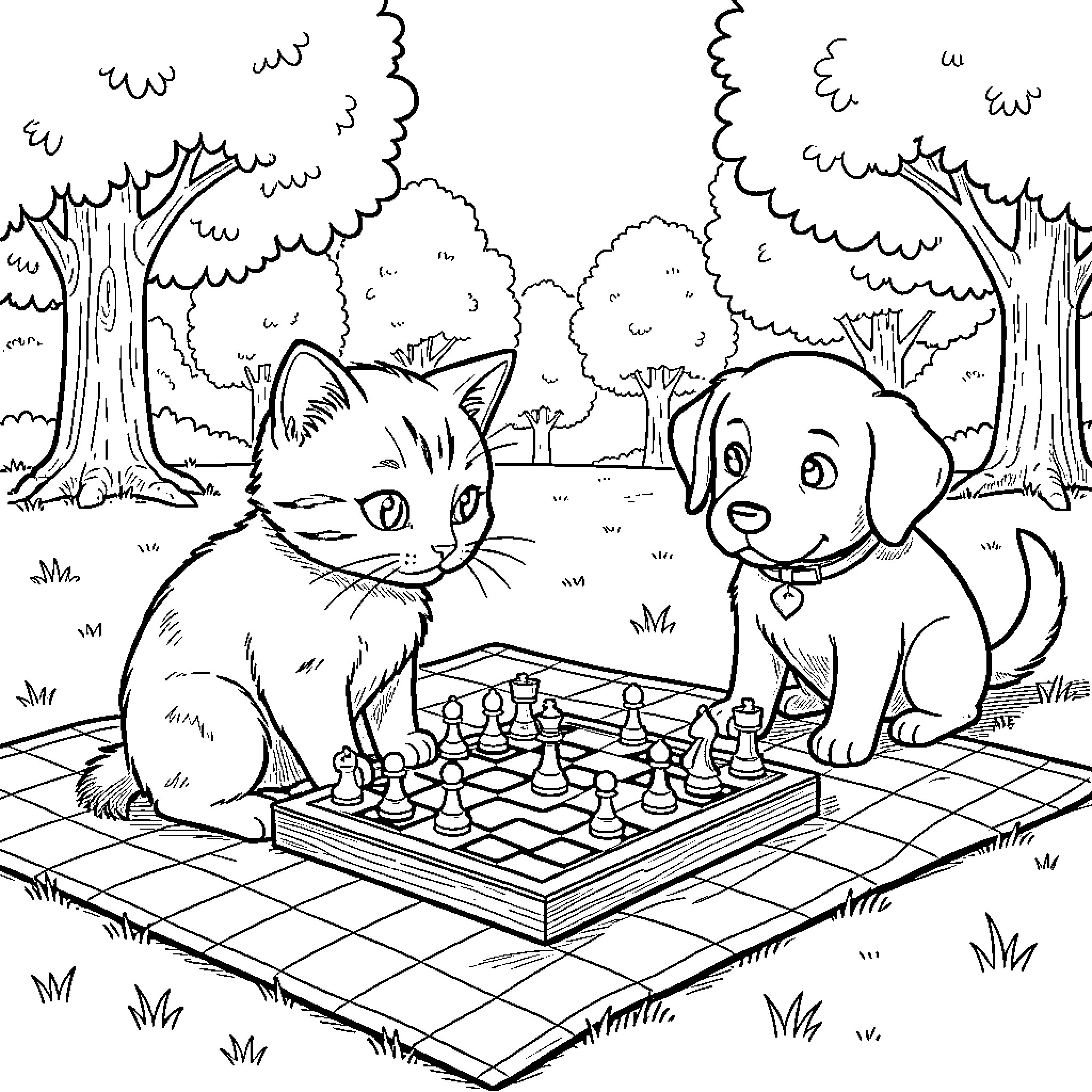 Kitten and puppy playing chess on a picnic blanket Coloring Page (free black-and-white line drawing printable PDF for all, from beginners to advanced learners, including children, teens, adults, and seniors)
