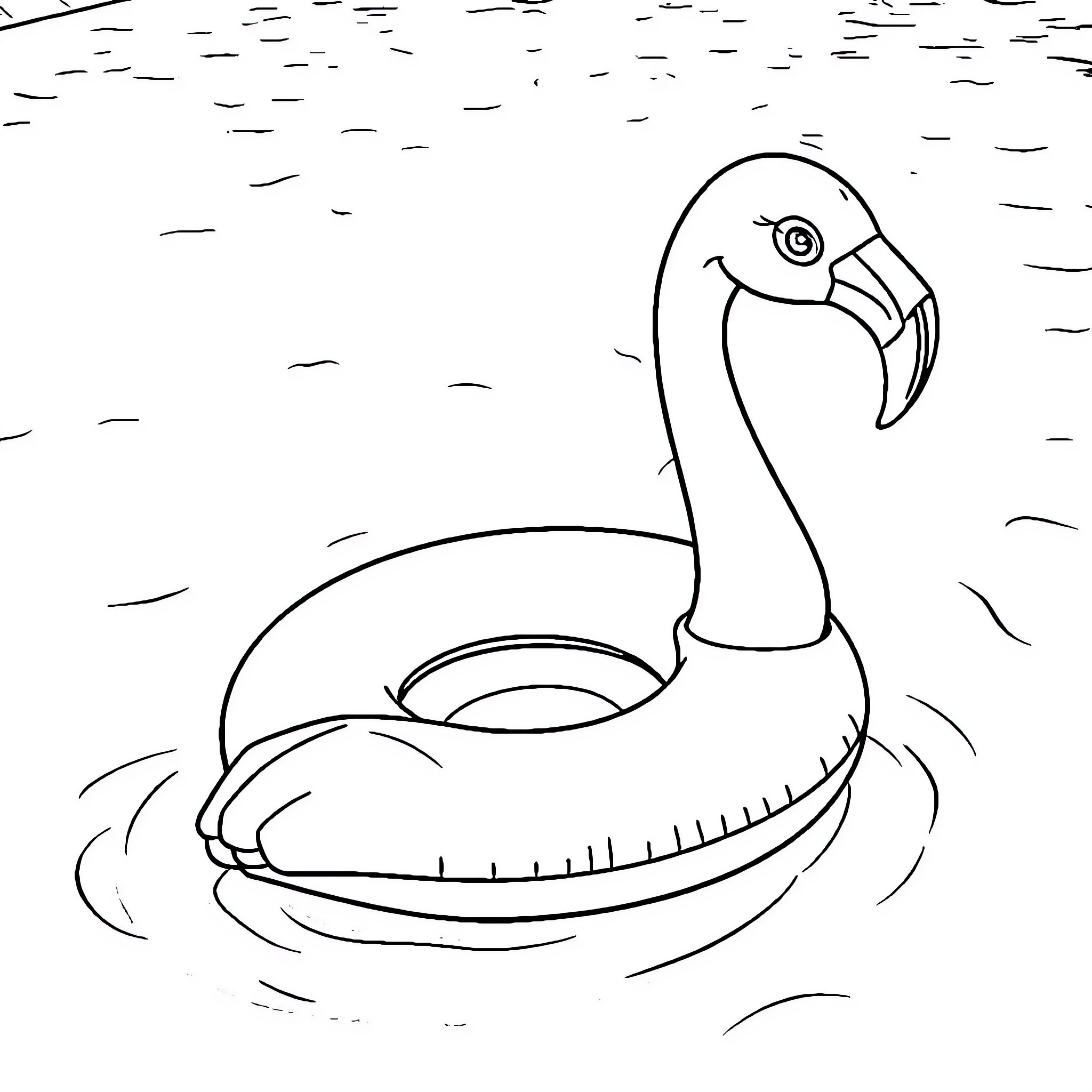 Flamingo inflatable swimming in the water Coloring Page (free black-and-white line drawing printable PDF for all, from beginners to advanced learners, including children, teens, adults, and seniors)