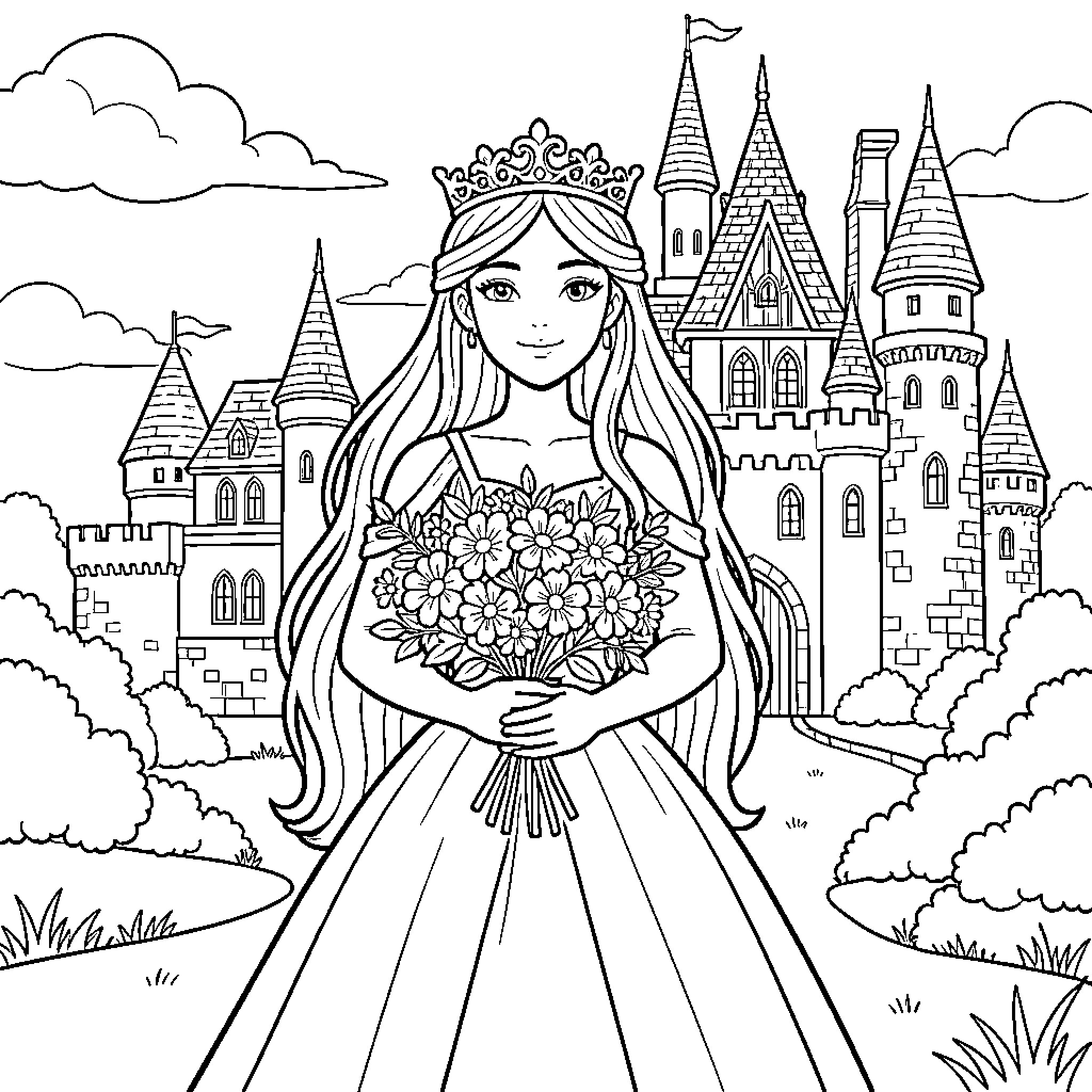 Princess holding a beautiful bouquet of flowers Coloring Page (free black-and-white line drawing printable PDF for all, from beginners to advanced learners, including children, teens, adults, and seniors)
