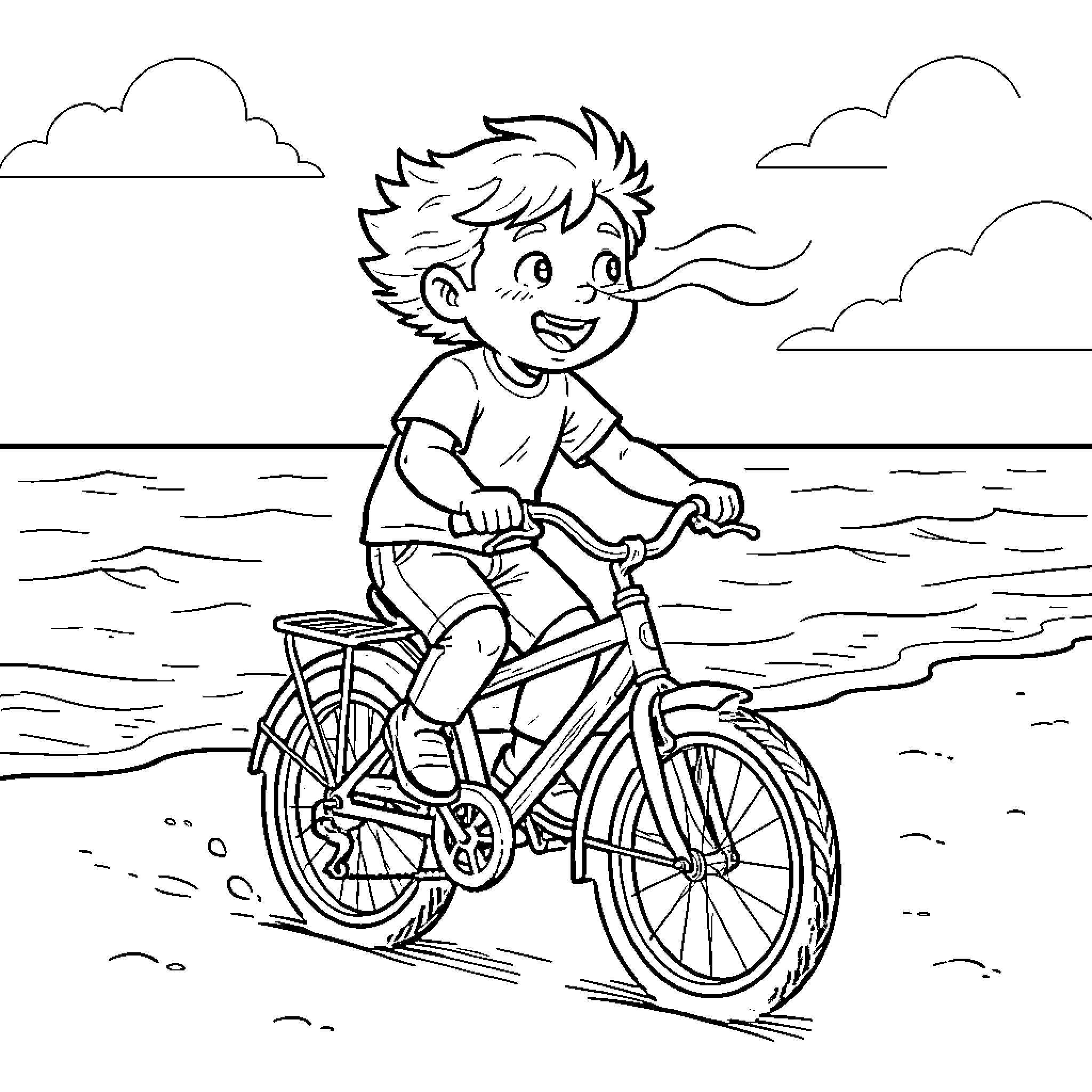 Oui-oui happy boy riding bicycle along the beach Coloring Page (free black-and-white line drawing printable PDF for all, from beginners to advanced learners, including children, teens, adults, and seniors)