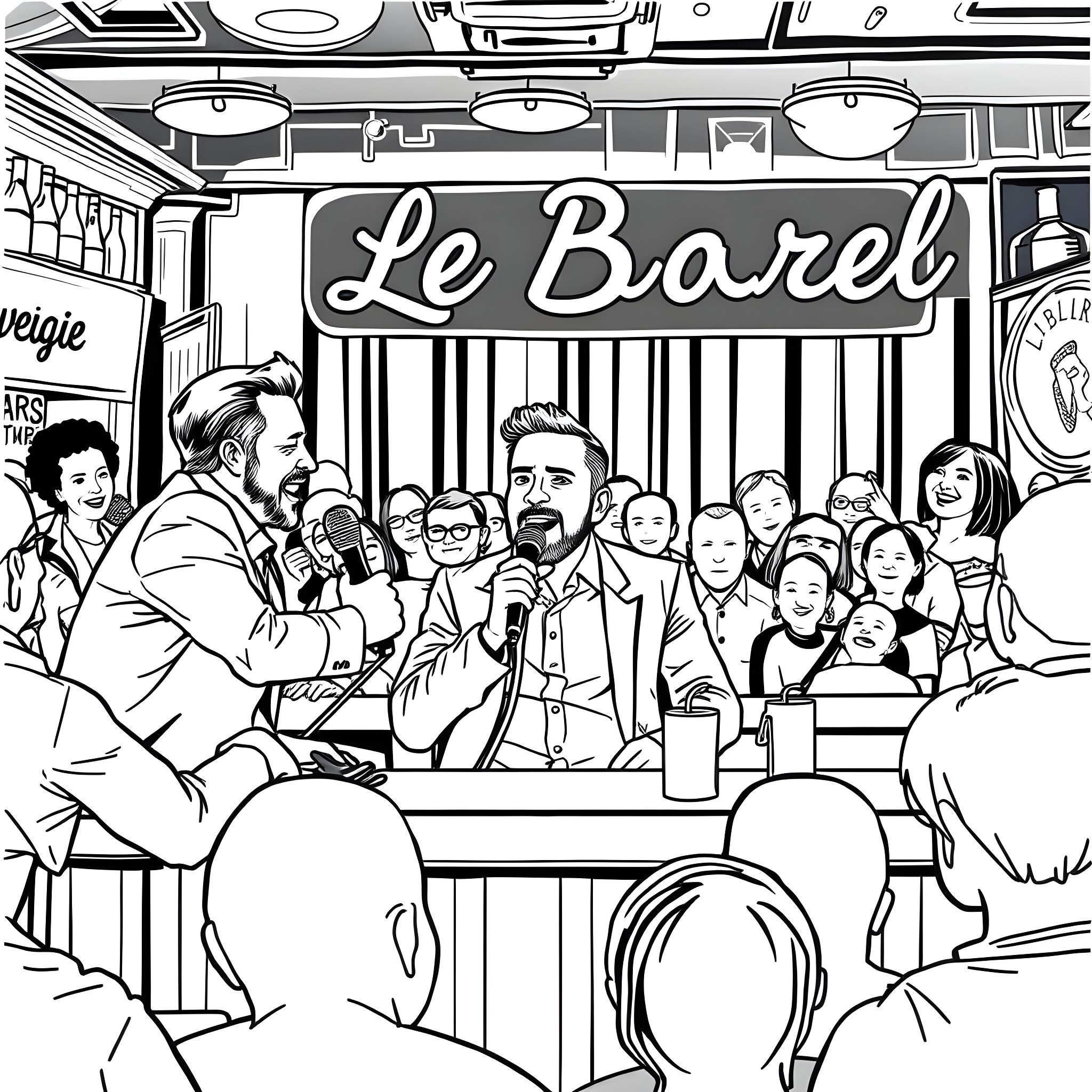 Mike Ward enjoying live music performance at Le Barel Coloring Page (free black-and-white line drawing printable PDF for all, from beginners to advanced learners, including children, teens, adults, and seniors)