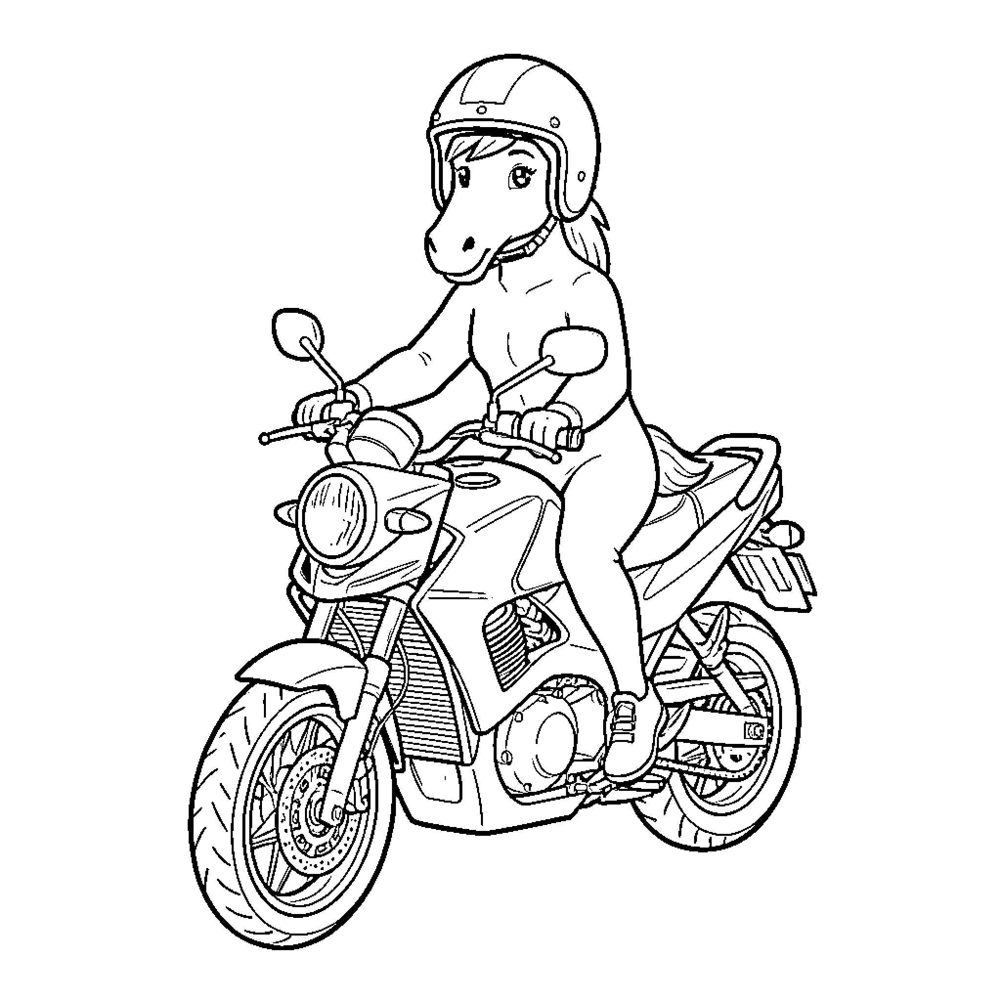 Horse riding motorcycle with safety gear Coloring Page (free black-and-white line drawing printable PDF for all, from beginners to advanced learners, including children, teens, adults, and seniors)