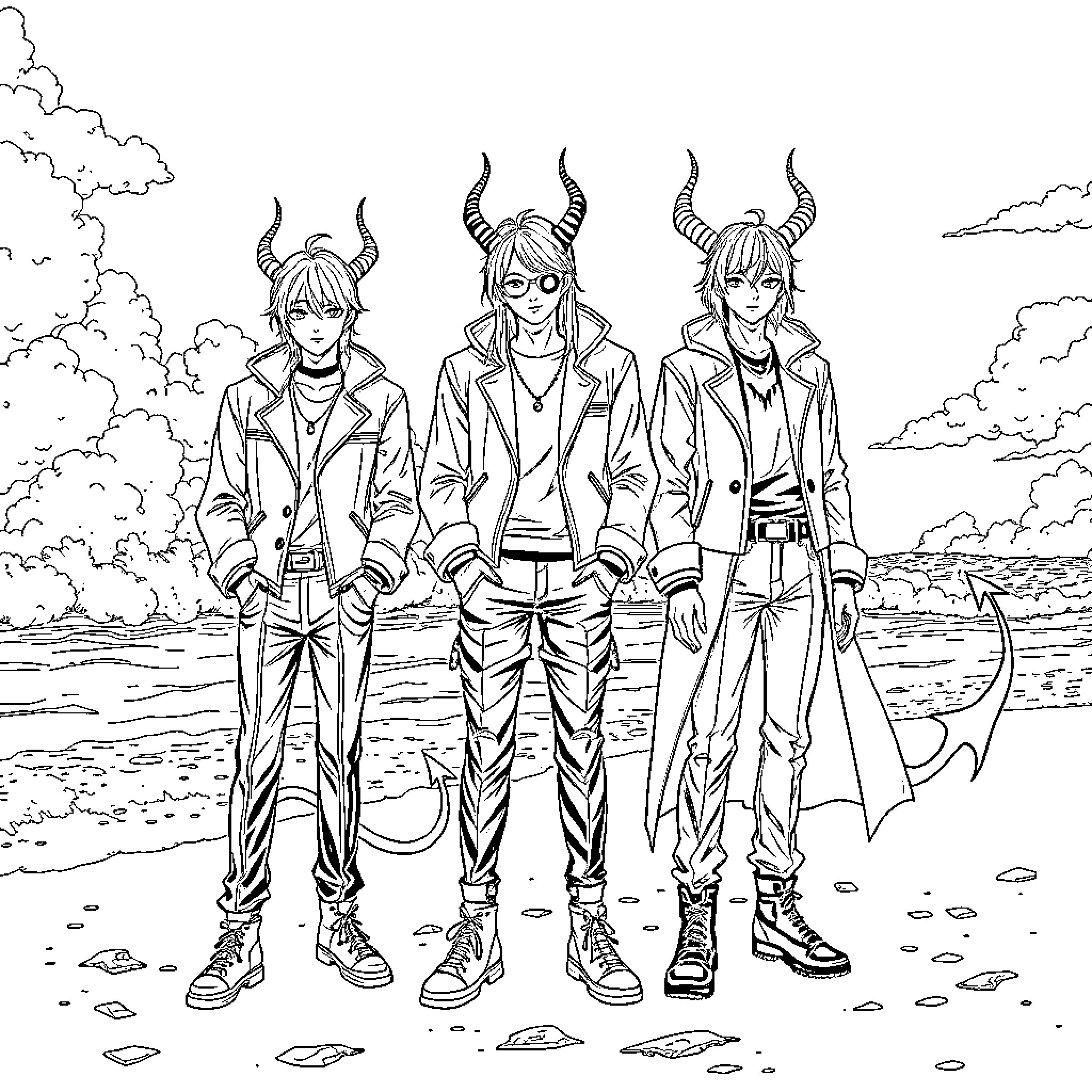 Kpop Demon Hunters Facing Challenges in Mysterious Landscape Coloring Page (free black-and-white line drawing printable PDF for all, from beginners to advanced learners, including children, teens, adults, and seniors)