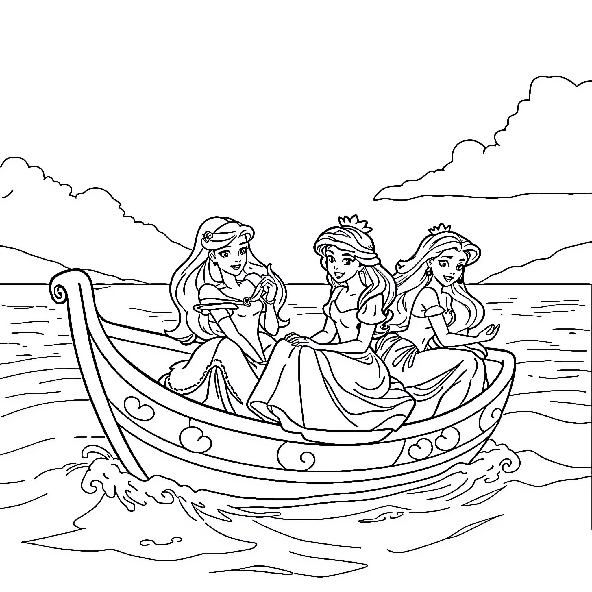 Disney Princess Sailing on a Boat Coloring Page (free black-and-white line drawing printable PDF for all, from beginners to advanced learners, including children, teens, adults, and seniors)