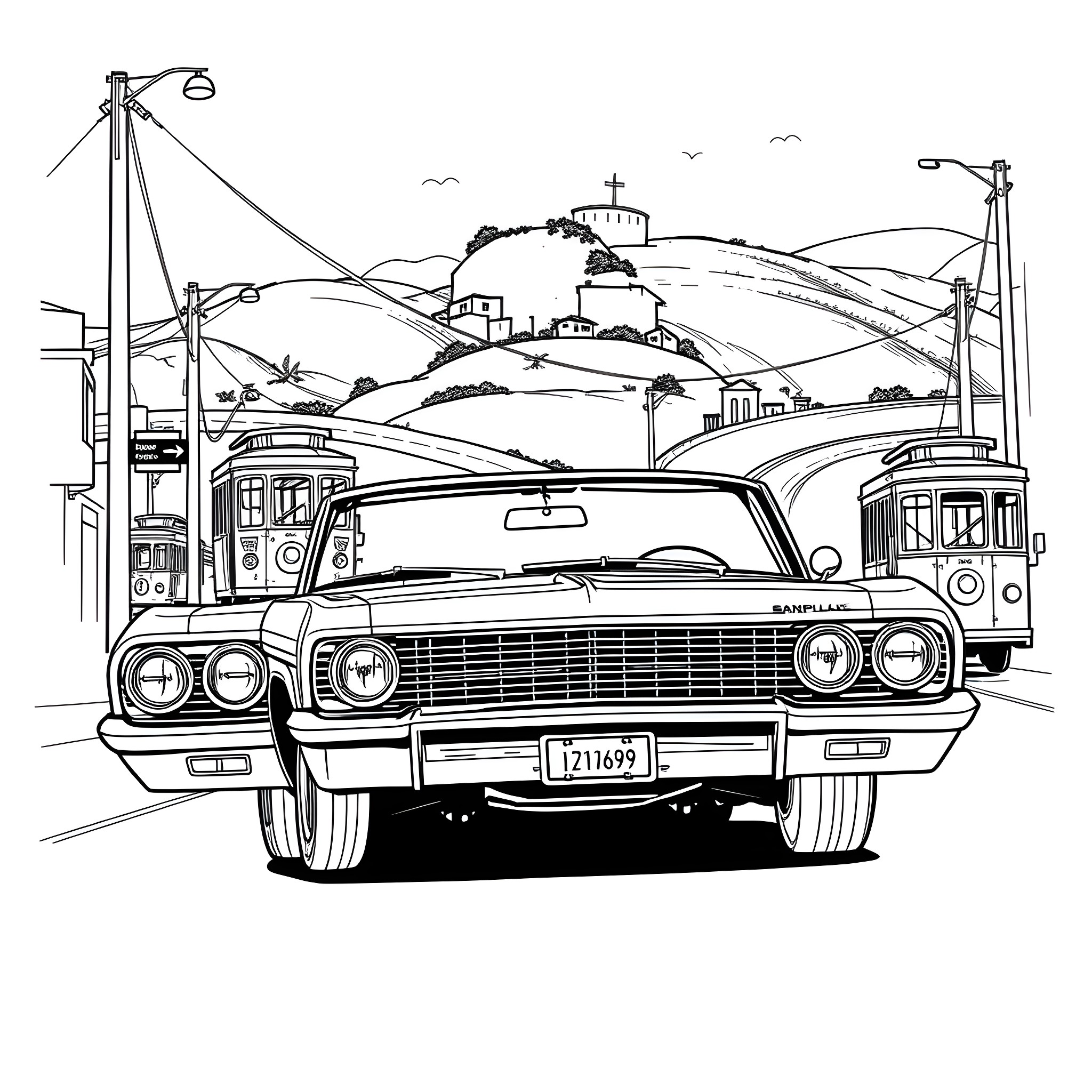 Impala cruising through the city streets Coloring Page (free black-and-white line drawing printable PDF for all, from beginners to advanced learners, including children, teens, adults, and seniors)
