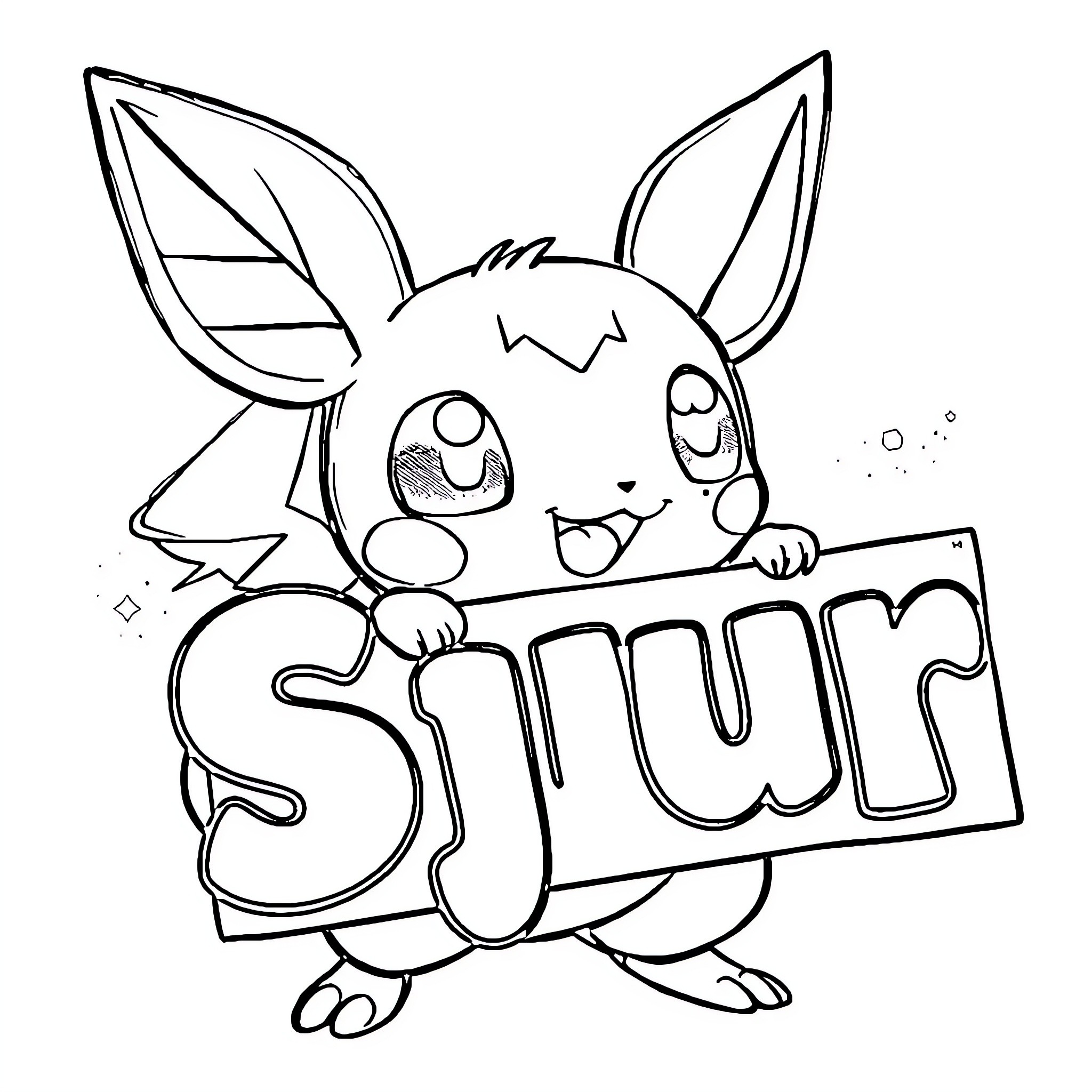 Raichu cheerfully holding a sign Coloring Page (free black-and-white line drawing printable PDF for all, from beginners to advanced learners, including children, teens, adults, and seniors)