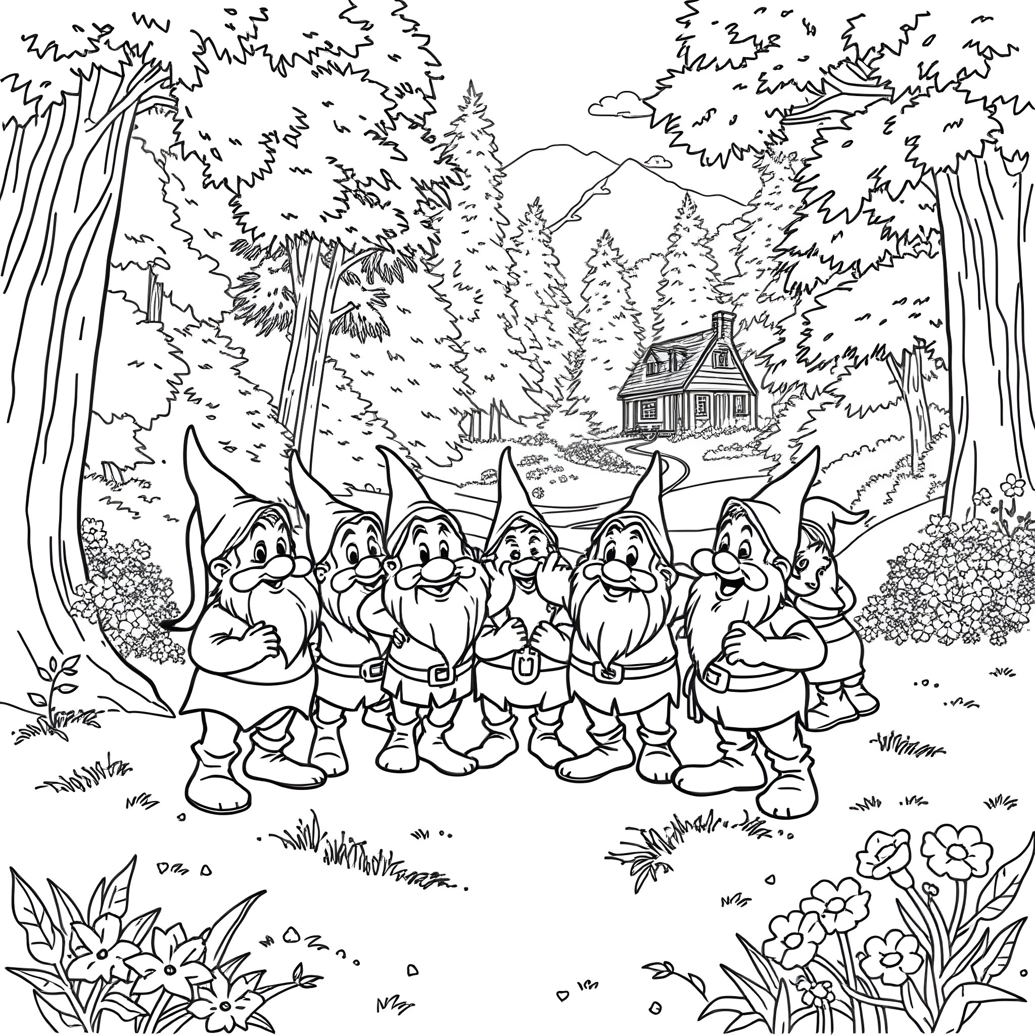 Dwarf characters in a forest landscape Coloring Page (free black-and-white line drawing printable PDF for all, from beginners to advanced learners, including children, teens, adults, and seniors)