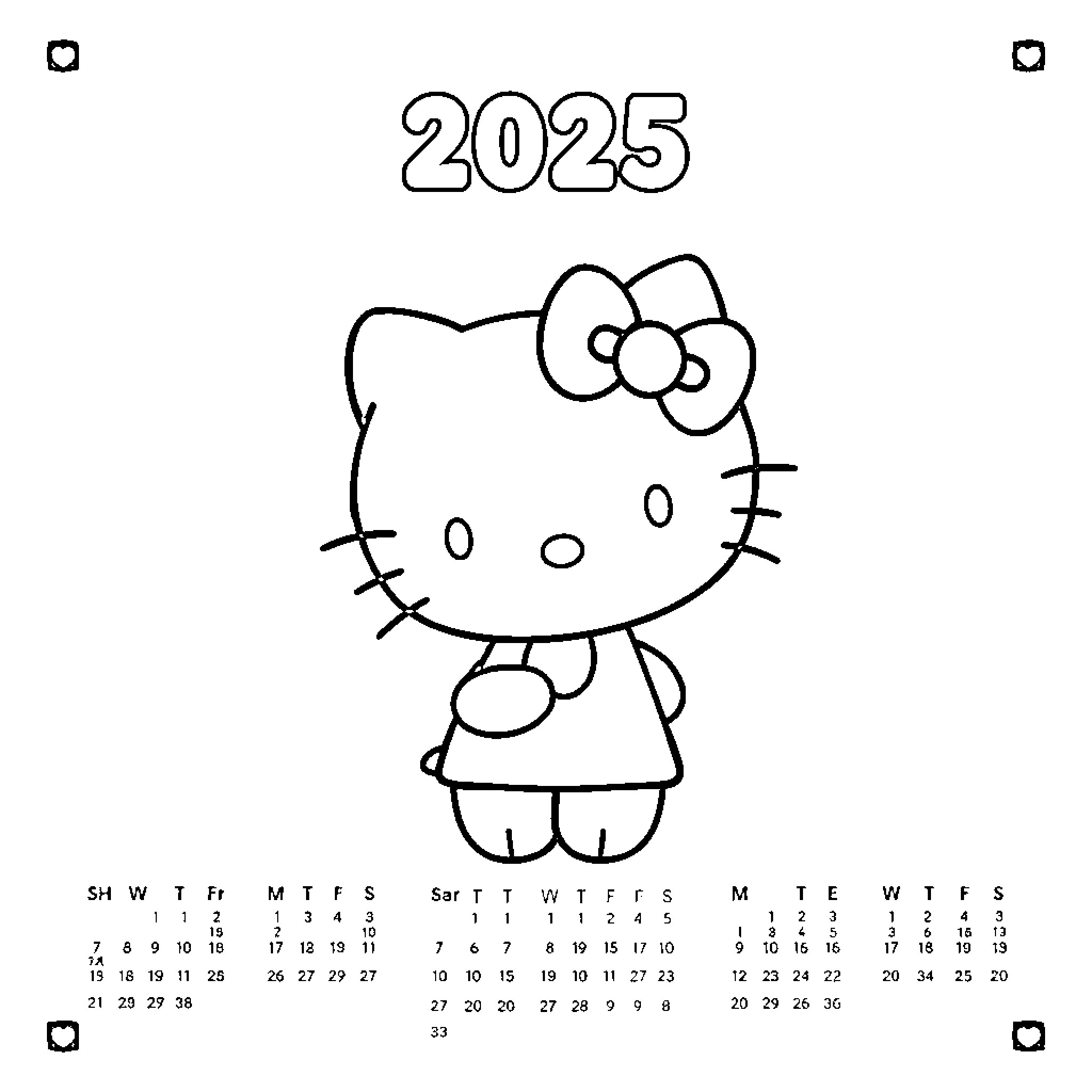Hello Kitty 2025 calendar Coloring Page (free black-and-white line drawing printable PDF for all, from beginners to advanced learners, including children, teens, adults, and seniors)