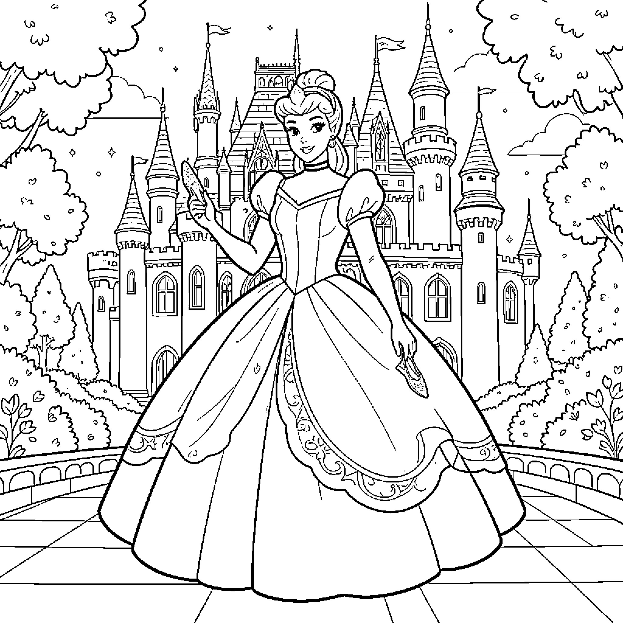 Cinderella holding glass slippers in front of a castle Coloring Page (free black-and-white line drawing printable PDF for all, from beginners to advanced learners, including children, teens, adults, and seniors)