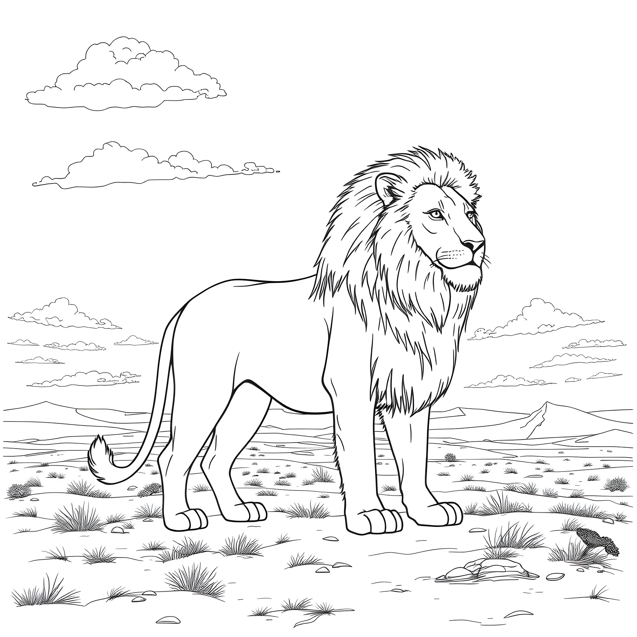 Lion standing majestically in the desert landscape Coloring Page (free black-and-white line drawing printable PDF for all, from beginners to advanced learners, including children, teens, adults, and seniors)