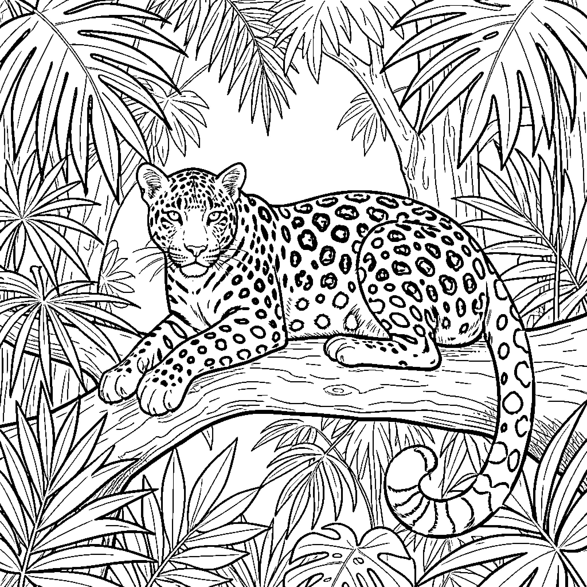 Leopard resting calmly on a tree branch in the jungle Coloring Page (free black-and-white line drawing printable PDF for all, from beginners to advanced learners, including children, teens, adults, and seniors)