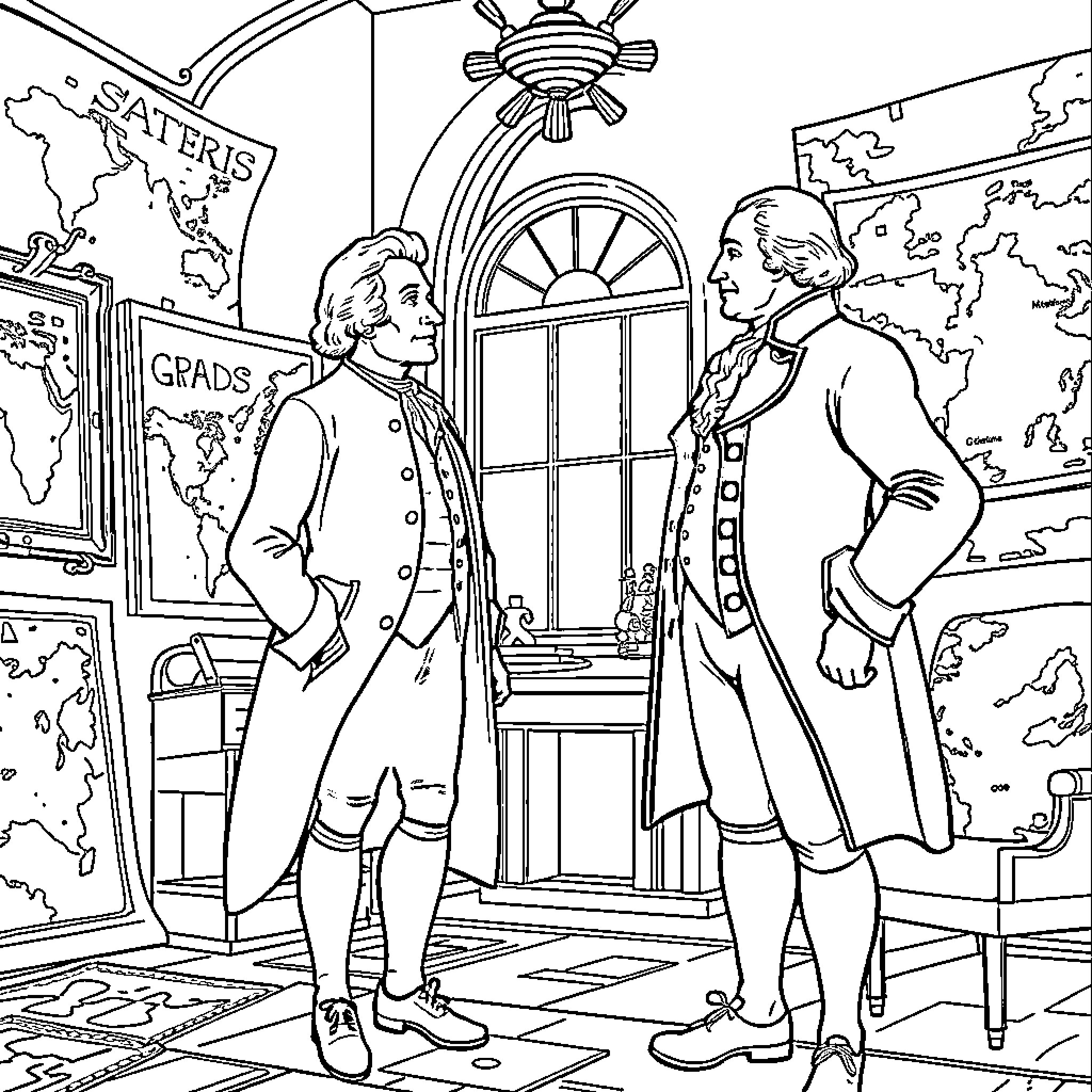Hamilton's historical figures in formal attire Coloring Page (free black-and-white line drawing printable PDF for all, from beginners to advanced learners, including children, teens, adults, and seniors)