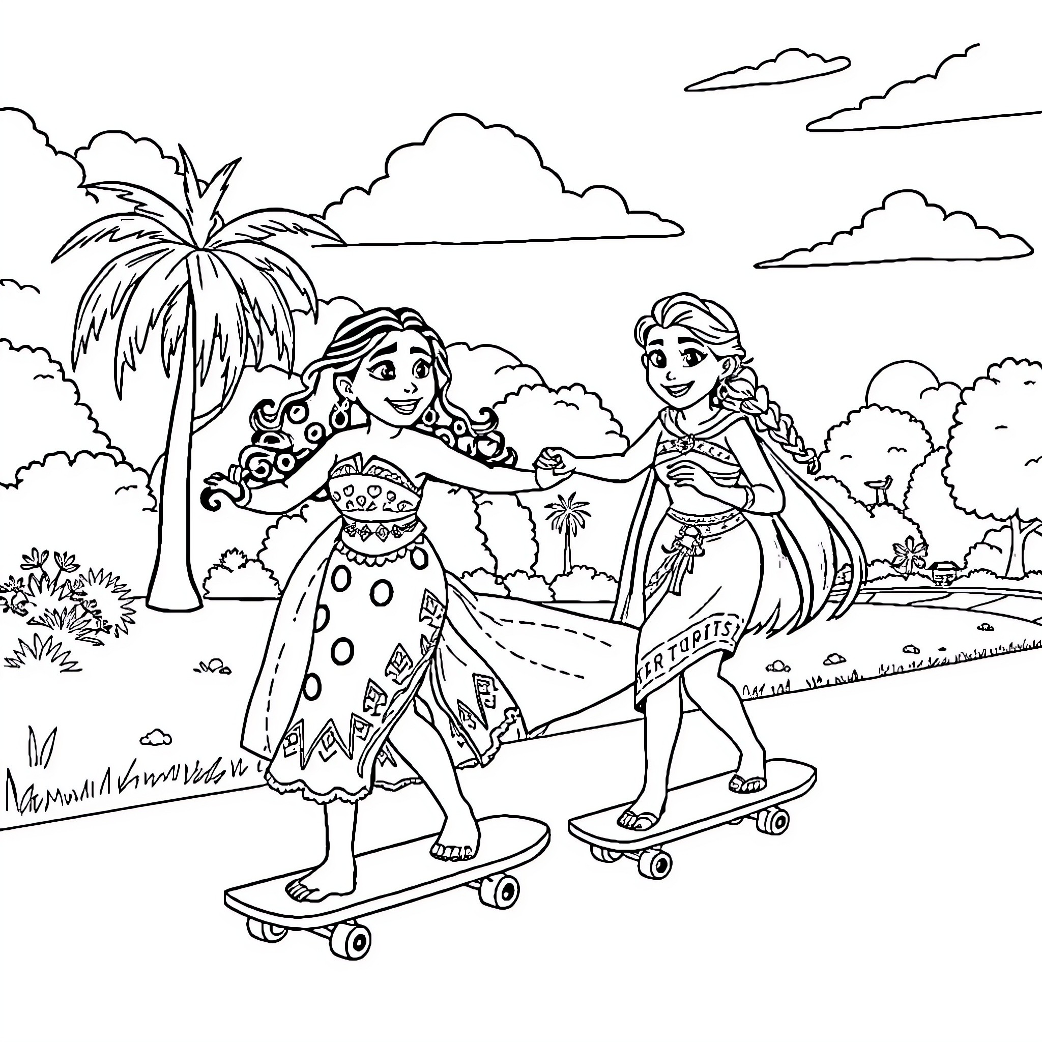 Moana and Elsa skateboarding in a tropical paradise Coloring Page (free black-and-white line drawing printable PDF for all, from beginners to advanced learners, including children, teens, adults, and seniors)