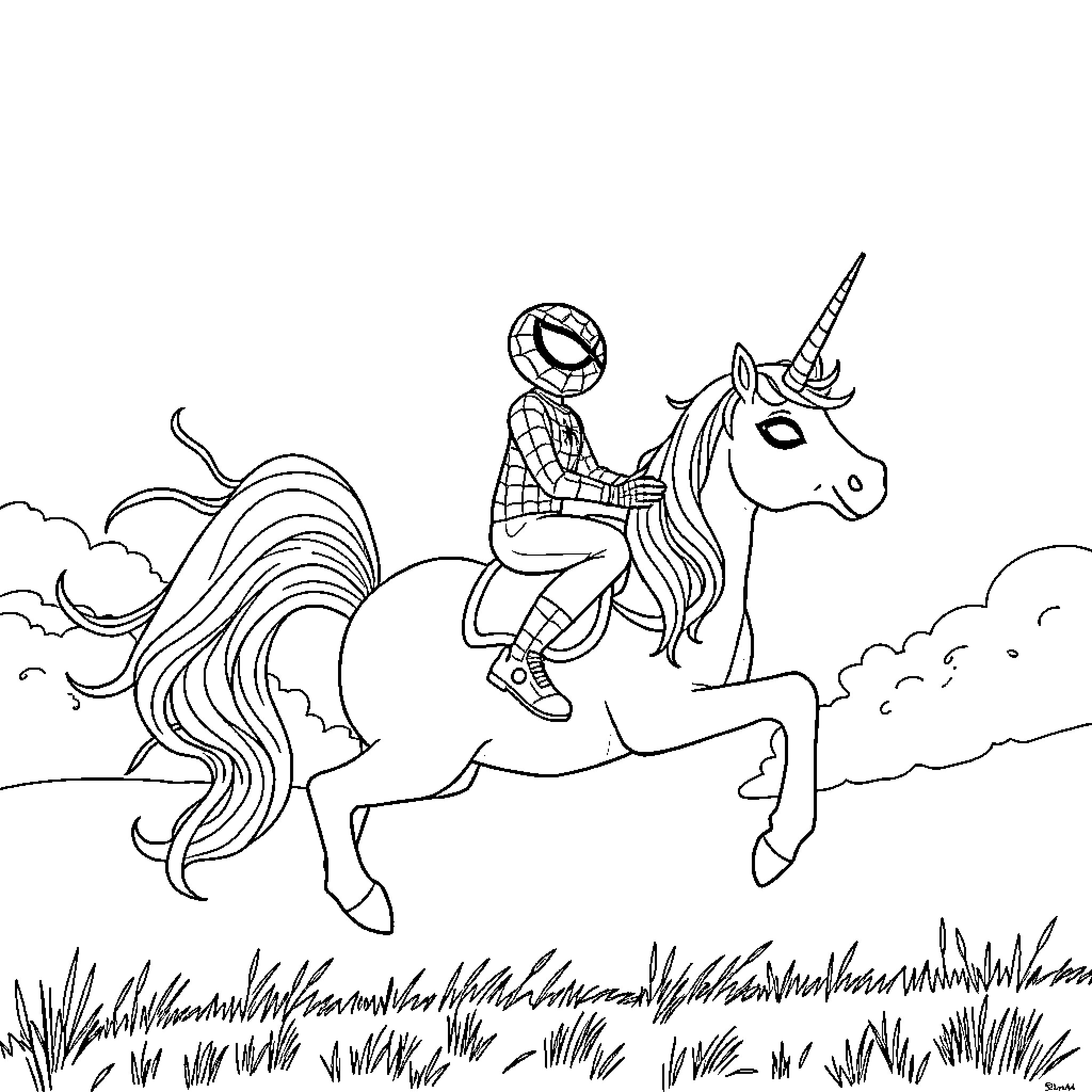 Spidey rides a magical unicorn through the clouds Coloring Page (free black-and-white line drawing printable PDF for all, from beginners to advanced learners, including children, teens, adults, and seniors)