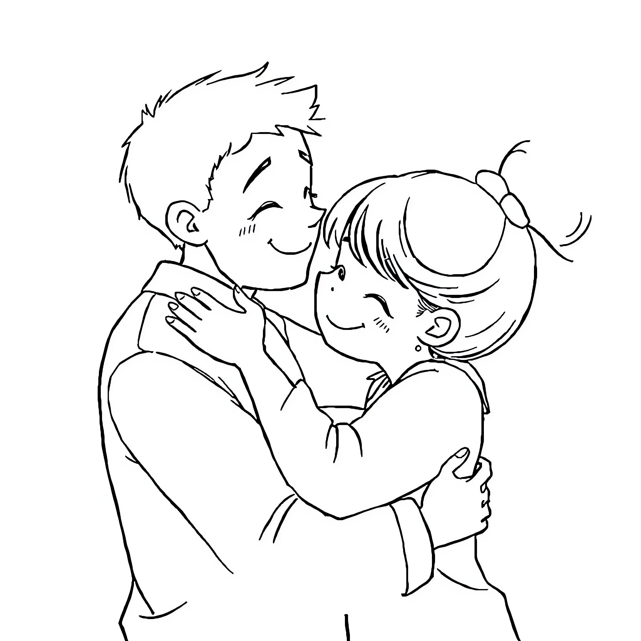 Hug between a boy and girl Coloring Page (free black-and-white line drawing printable PDF for all, from beginners to advanced learners, including children, teens, adults, and seniors)